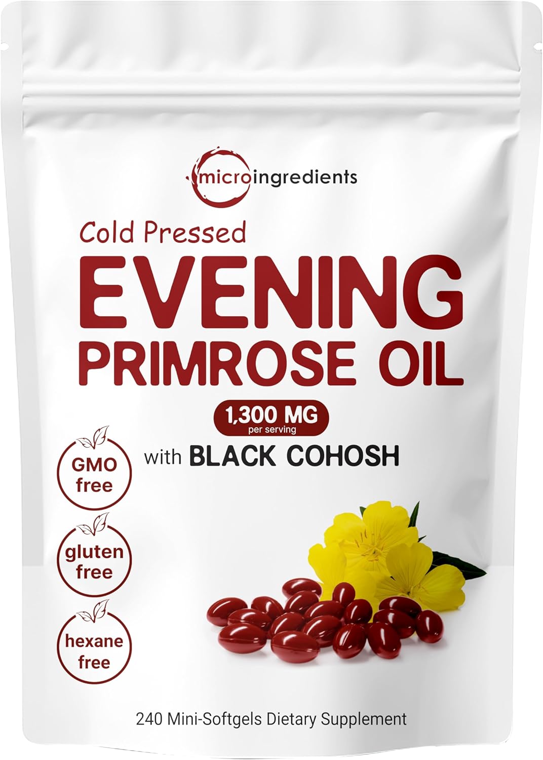Micr Ingredient Evenin Primros Oi 1300m Pe Serving 24 Softgel Enhance wit 40m Blac Cohos Extract Col Presse 10 Activ GLA Non-GMO N Gluten Eas t Swallow