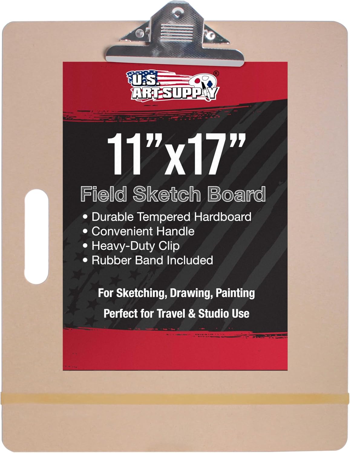 U.S. Art Supply 11inch x 17inch Artist Sketch Tote Board - Lightweight Hardboard Drawing Board with Handle, Clip & Rubber Band for Art, Sketching, Travel, Studio