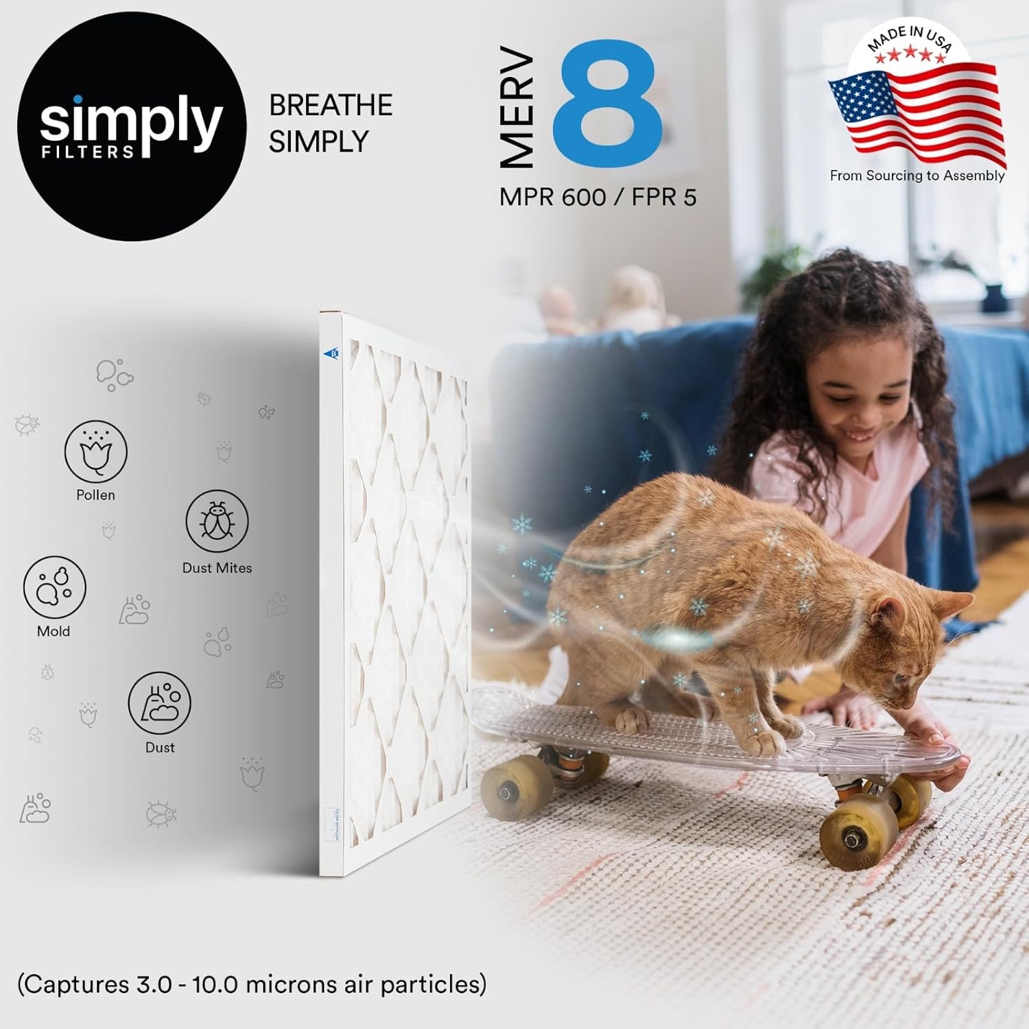 Simply 16x30x1 Air Filter, Merv 8, 4 Pack, For Home AC Furnace HVAC (Actual Size: 15.75inchx29.75inchx0.75inch) DUST, Pet, Allergy Control