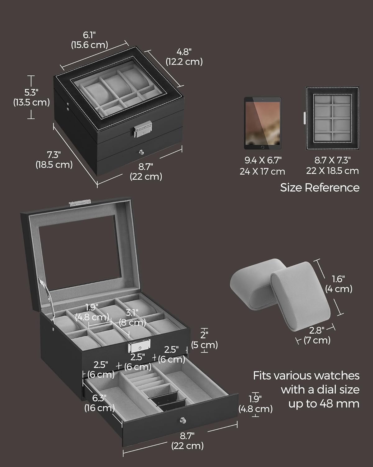 Watch Box, 8-Slot Watch Case Organizer with Large Glass Lid, 2 Layers, Removable Pillows, Metal Lock, Black Synthetic Leather, Christmas Gift, Greenish Gray Lining UJWB080G01