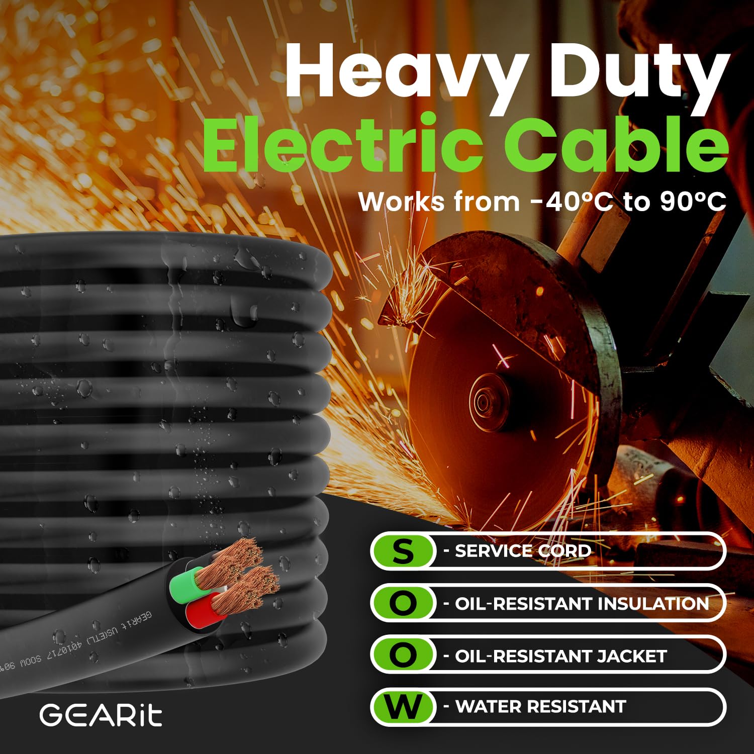 GEARit 14/4 14 AWG Portable Power Cable (100 Feet - 4 Conductor) SOOW 600V 14 Gauge Electric Wire for Motor Leads, Portable Lights, Battery Chargers, Stage Lights and Machinery -100ft Electrical Cord