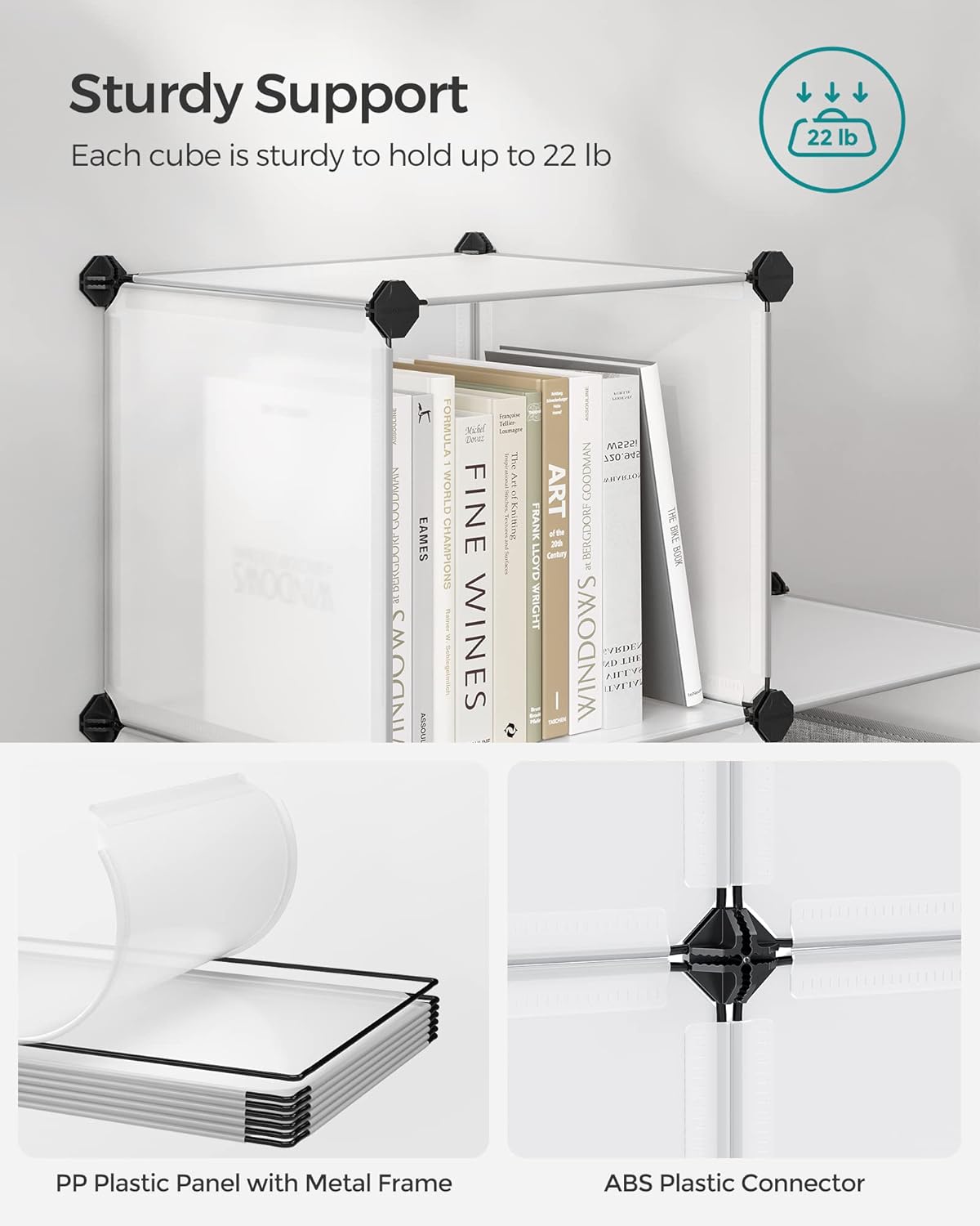 6 Cube Storage Organizer, Modular Bookshelf, DIY Closet Organizers and Storage, Plastic Stackable Shelves, 14.6 x 13 x 13 Inch Cubes, with Feet and Rubber Mallet, White ULPC206W01