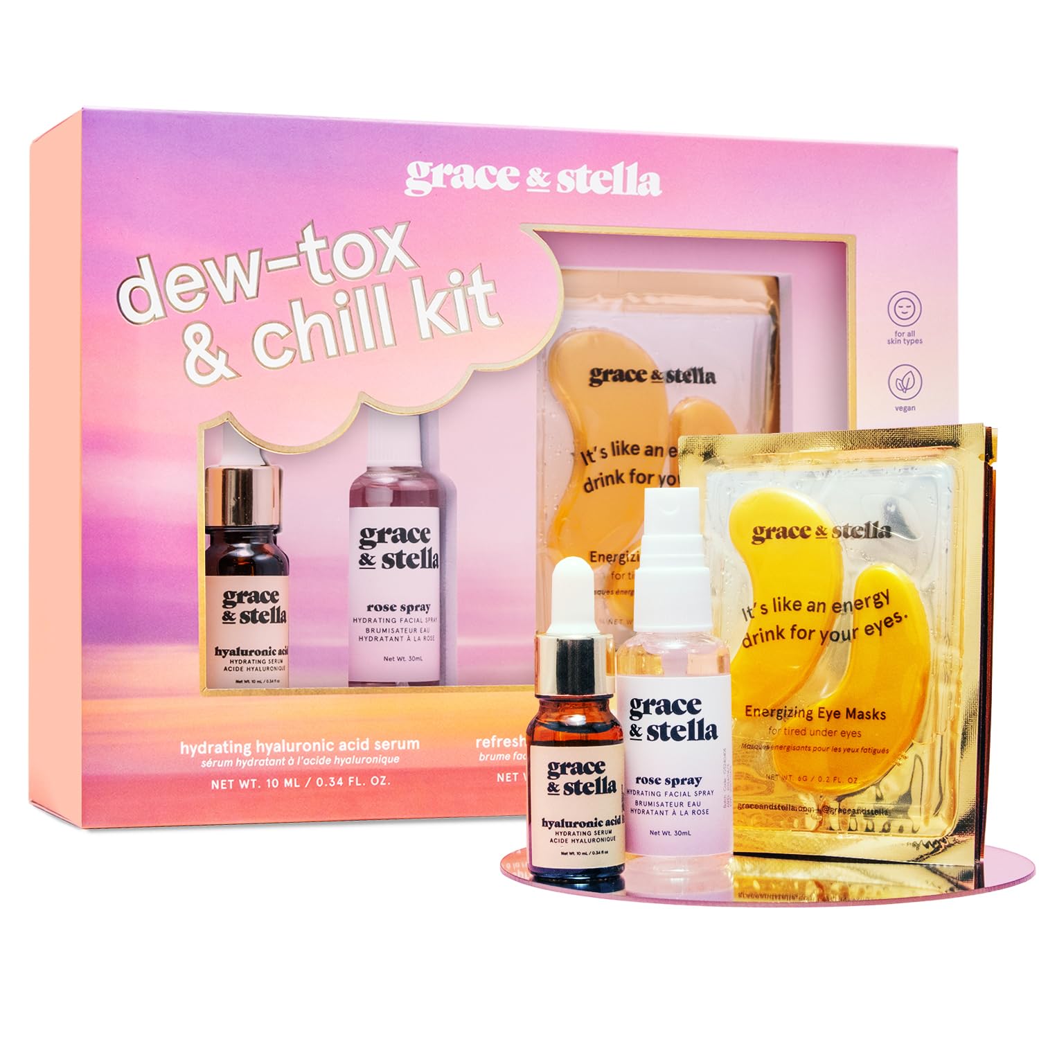 grace & stella Award-Winning Skin Care Set - Stocking Stuffers for Teen Girls, Christmas Gifts for Women - Travel Essentials with Gold Eye Masks, Hyaluronic Acid Serum & Rose Spray, Beauty Gift Set