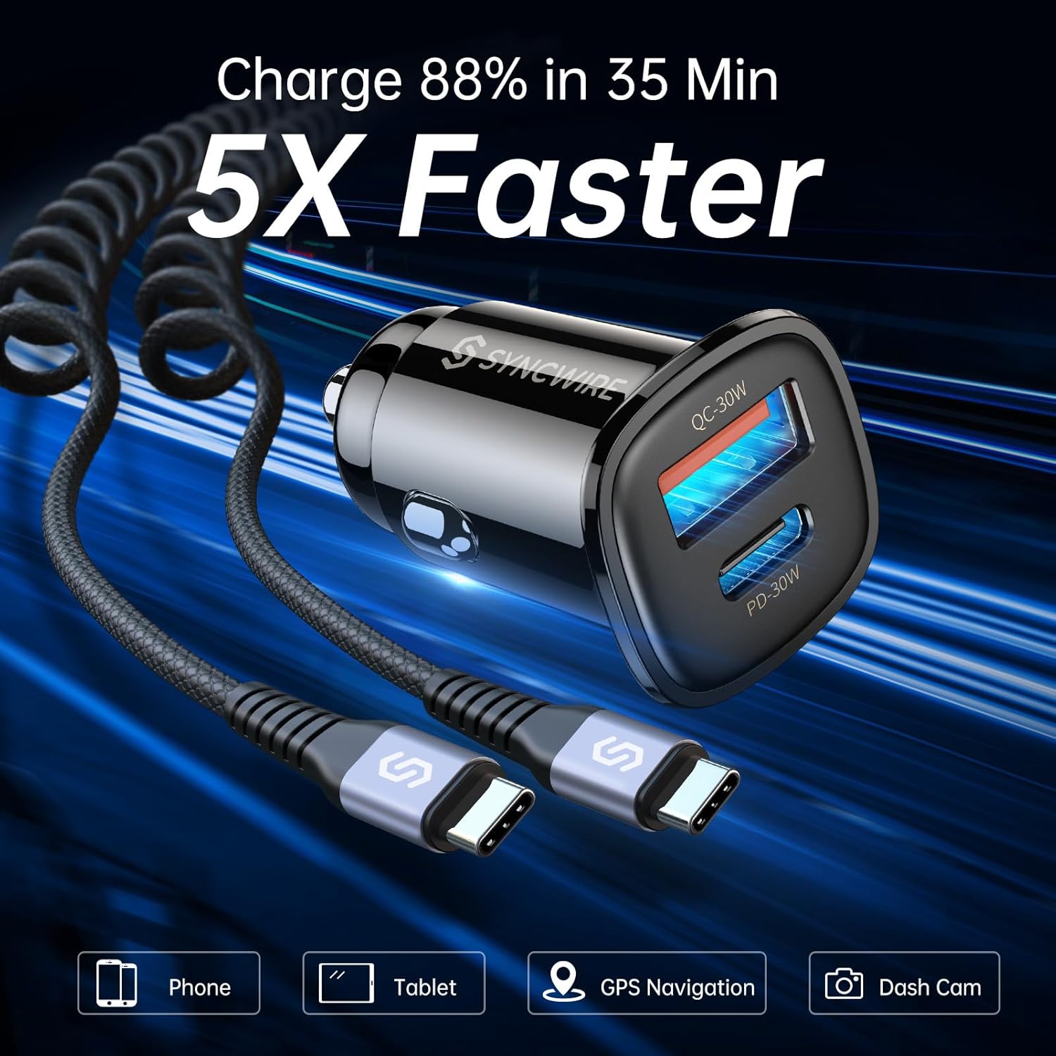 US Ca Charge 60 [P 30 Q 30W Fas Chargin US Adapte wit 5F Typ Coile Cabl Compatibl wit iPhon 16/1 Plus/1 Pro/1 Pr Max/Galax S23/S22 Googl Pixe 7/7Pro