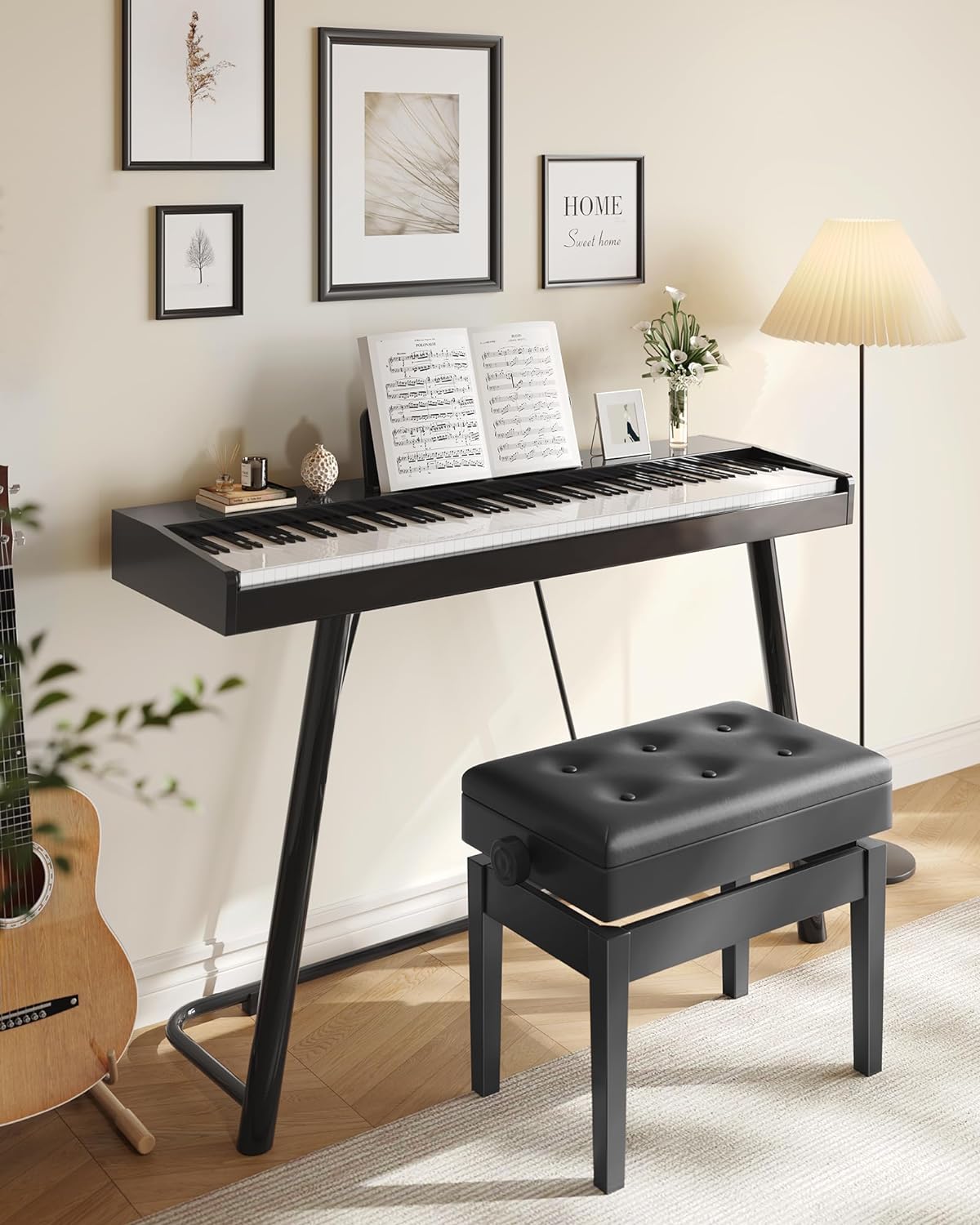 Adjustabl Woode Pian Benc Stoo wit Shee Musi Storag Blac ULPB57H