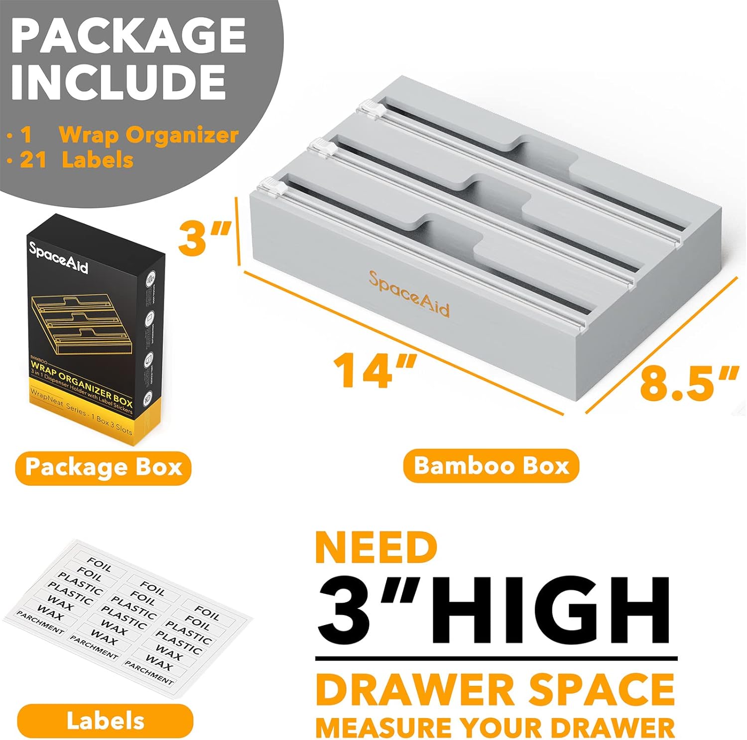 SpaceAid WrapNeat 3 in 1 Wrap Organizer with Cutter and Labels, Plastic Wrap, Aluminum Foil and Wax Bamboo Dispenser for Kitchen Storage Organization Holder for 12inch Roll (Gray)