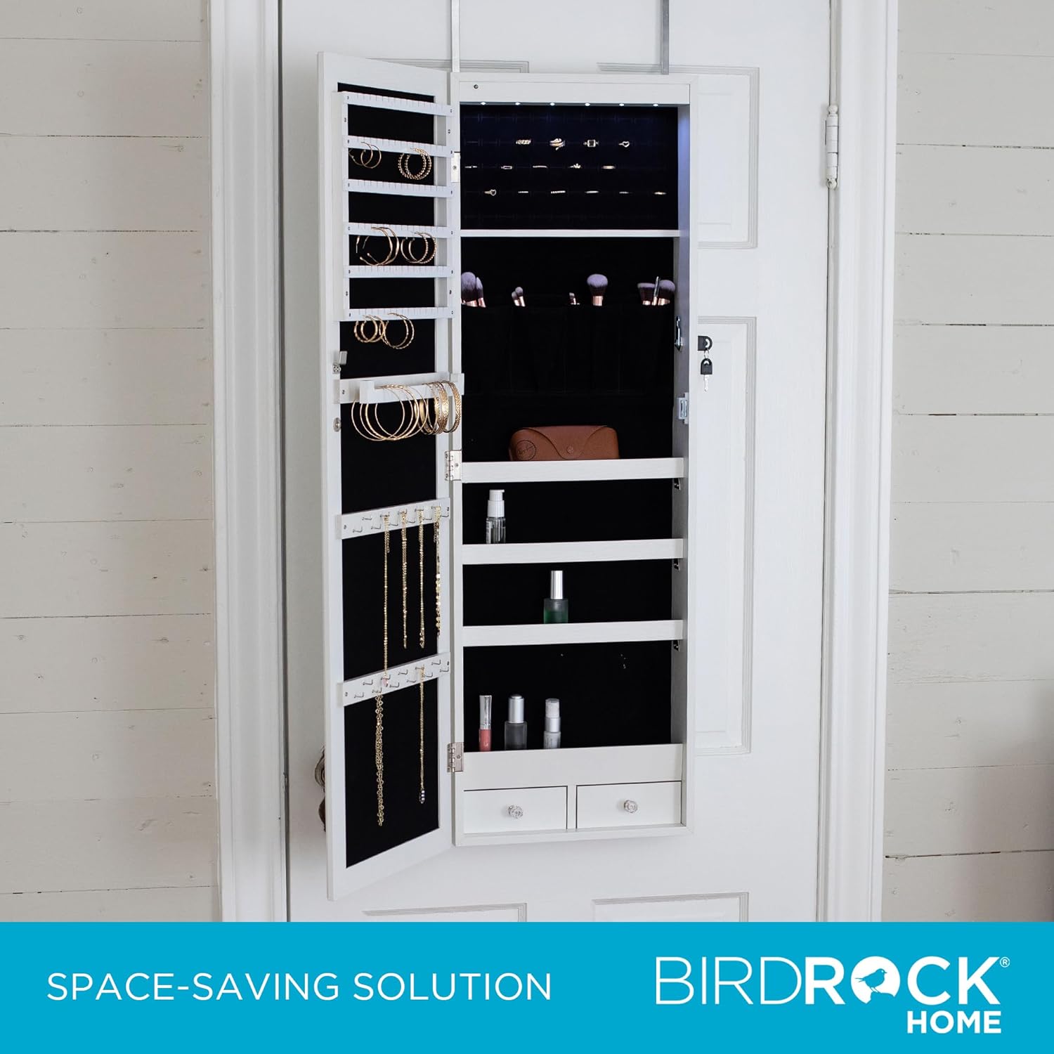 BIRDROC HOM Hangin Jewelr Organize Lockabl Storag Cabine wit Bod Mirro LE Lights Doo o Wal Mounte fo Close o Bedroo Dresser Adjustabl Heigh Larg Capacit White