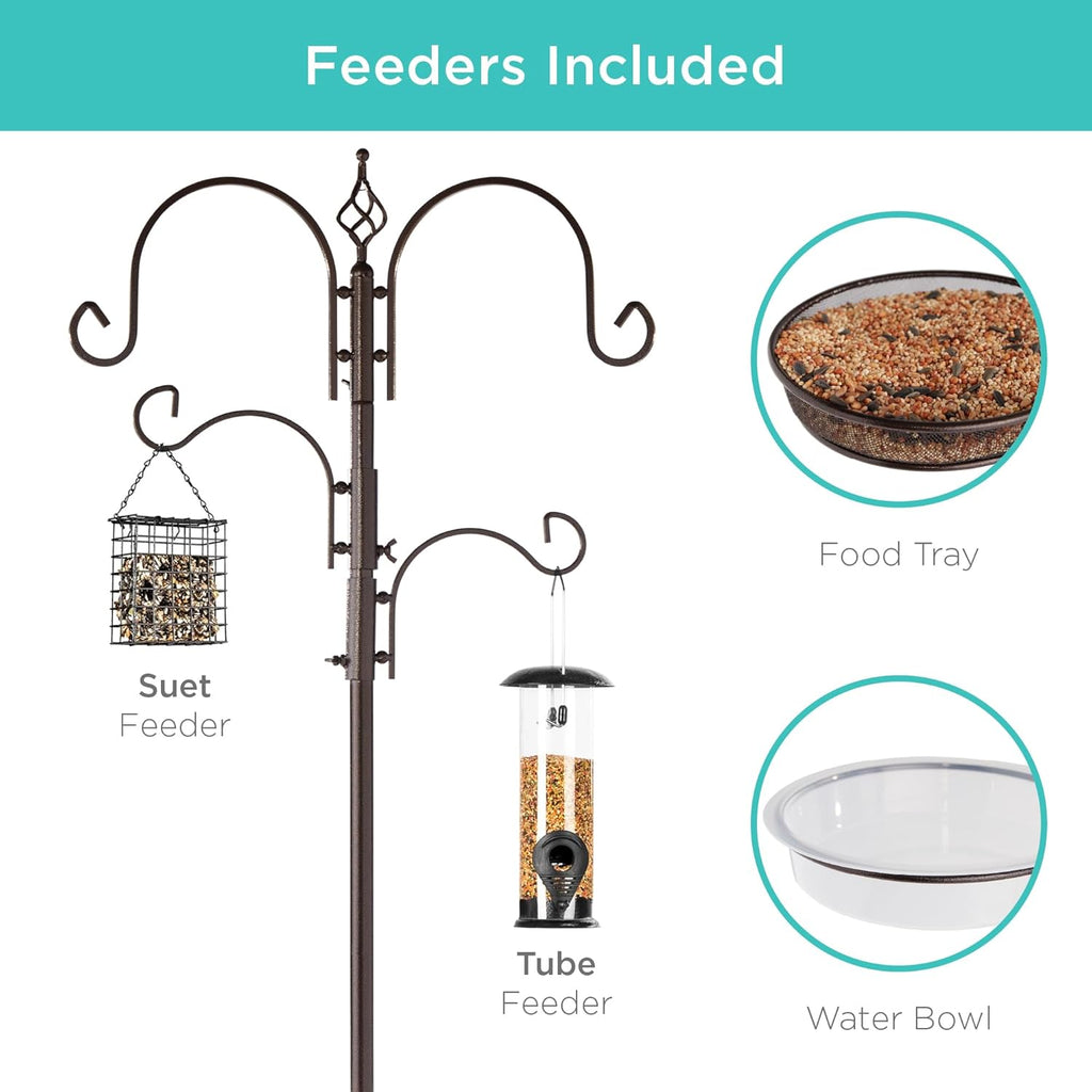 Best Choice Products 91in 4-Hook Feeding Station, Steel Multi-Feeder Kit Stand for Attracting Wild Birds w/ 2 Bird Feeders, Mesh Tray, Bird Bath, 4-Prong Base - Bronze