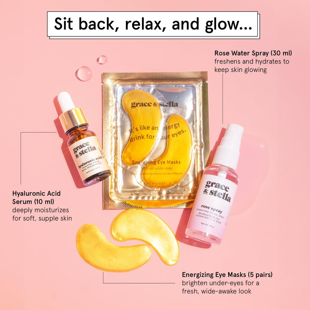 grace & stella Award-Winning Skin Care Set - Stocking Stuffers for Teen Girls, Christmas Gifts for Women - Travel Essentials with Gold Eye Masks, Hyaluronic Acid Serum & Rose Spray, Beauty Gift Set