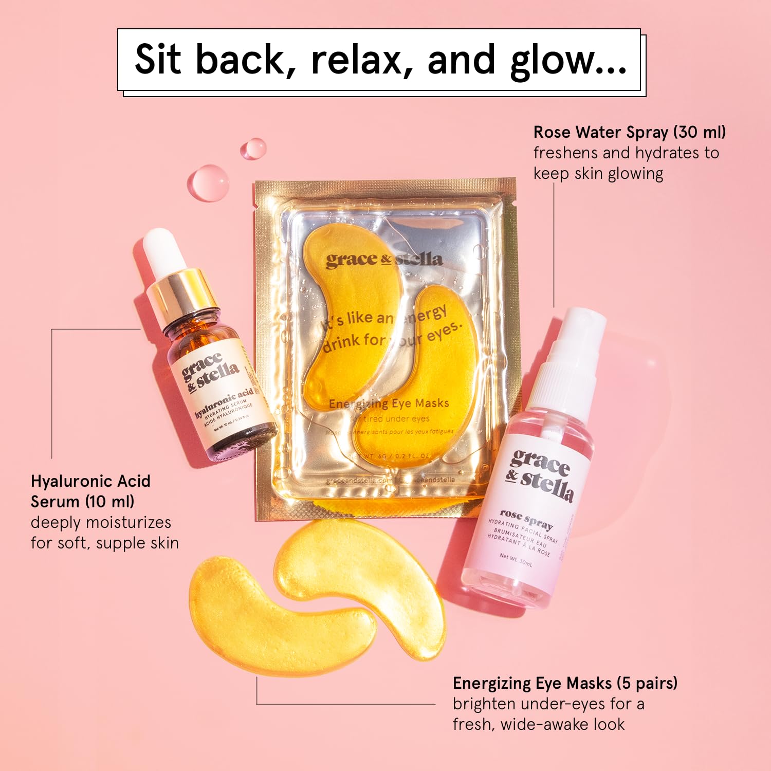 grace & stella Award-Winning Skin Care Set - Stocking Stuffers for Teen Girls, Christmas Gifts for Women - Travel Essentials with Gold Eye Masks, Hyaluronic Acid Serum & Rose Spray, Beauty Gift Set