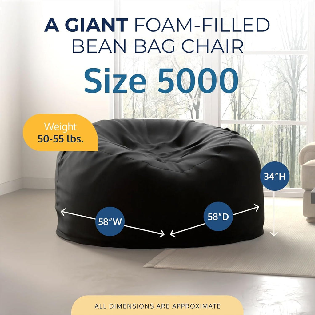Ultimate Sack 5000 5-Foot Bean Bag Chair, Black Suede Cover ¨C Oversized Foam Lounger, Floor Seat, Small Sofa, or Couch Bed for Living Area, Gaming Room, or Reading Lounge