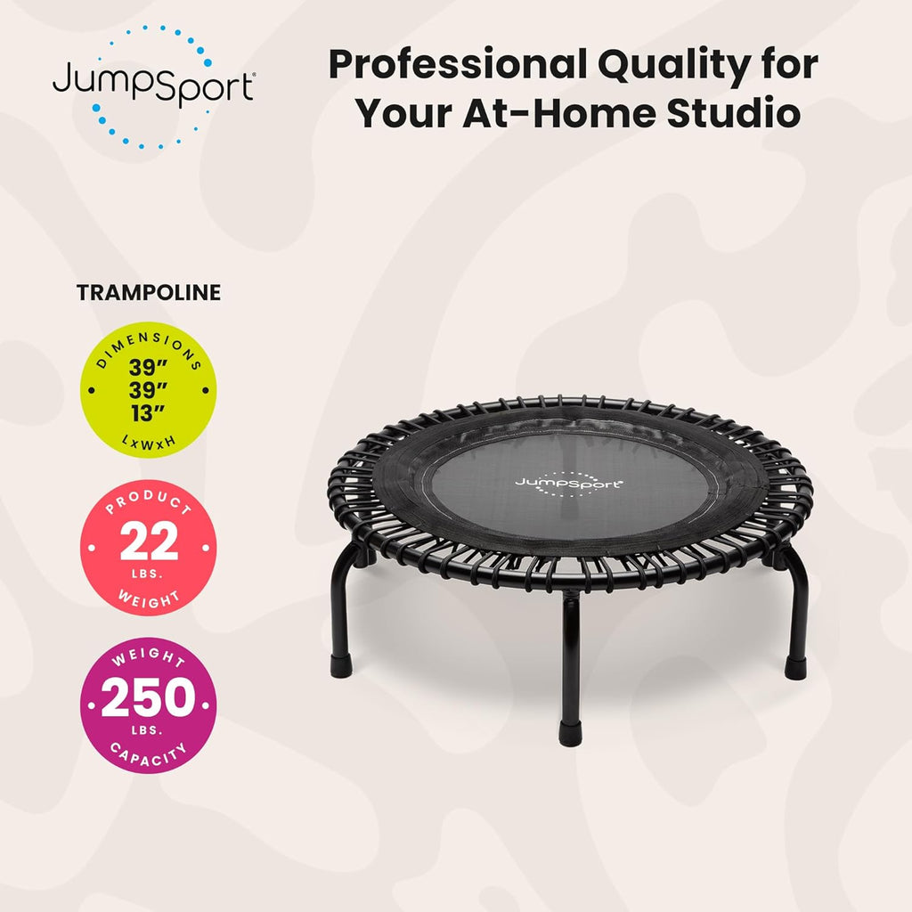 JumpSport Essential Steel-Frame Adult Mini Fitness Trampoline, 39inch, Models 220, 230 & 250 - Indoor Rebounder Exercise & Workout Equipment w/ No-Tip Stable Arched Legs, 250 Lbs Weight Rating