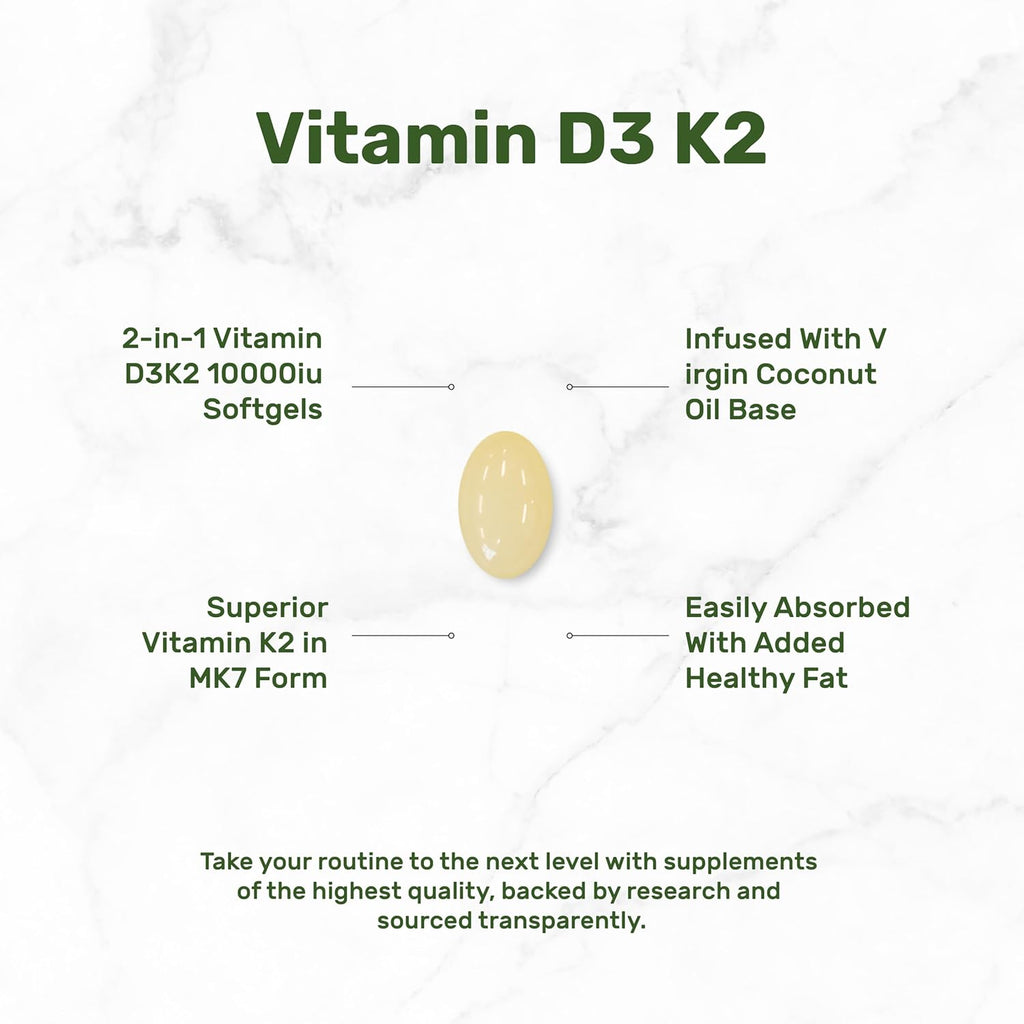 DEA SUPPLEMEN Vitami D 10,00 I K MK 200mc Softgels 25 Coun 2-in- Comple wit Virgi Coconu Oi Support Heart Bone Teet Immun Health Eas t Swallow