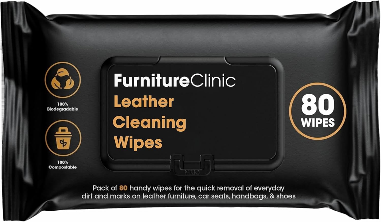 Furniture Clinic Leather Cleaning Wipes | 80 Count | Clean Restore Leather Vinyl Furniture, Handbags, Jackets, Car Seats, Interiors More | Residue Streak-Free | for Everyday Use