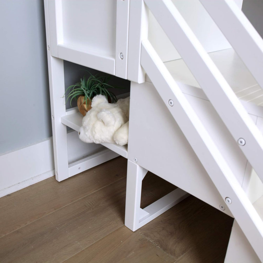 Max & Lily Low Bunk Bed, Twin-Over-Twin Bed Frame For Kids With Stairs and Curtains For Bottom, White/Blue