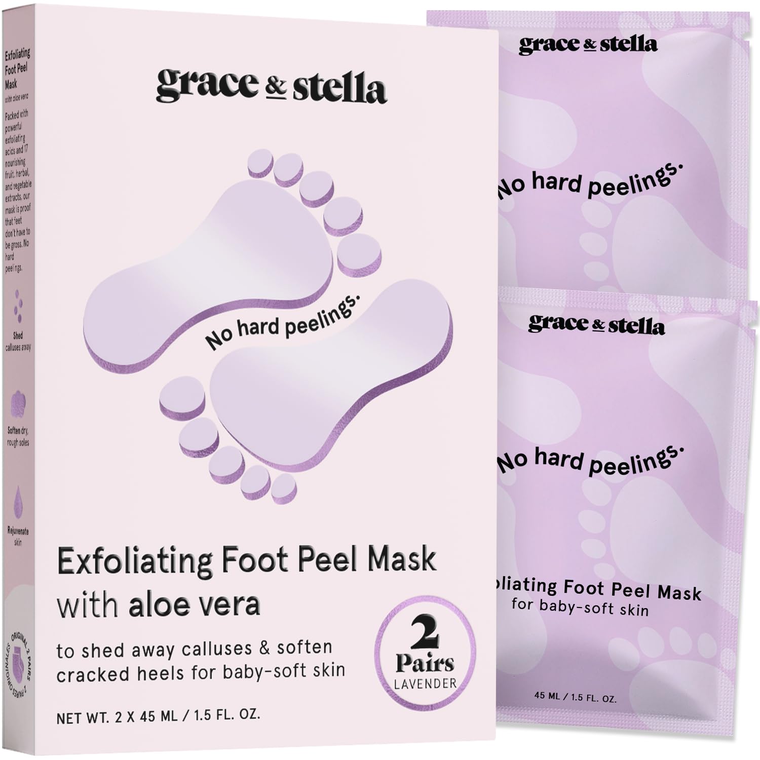 grace stella Award-Winning Foot Peel Mask - Foot Peeling Mask with Aloe Vera - Moisturizing Foot Mask for Dry Cracked Feet - Foot Exfoliator for Baby Soft Feet (2 Pairs, Lavender)