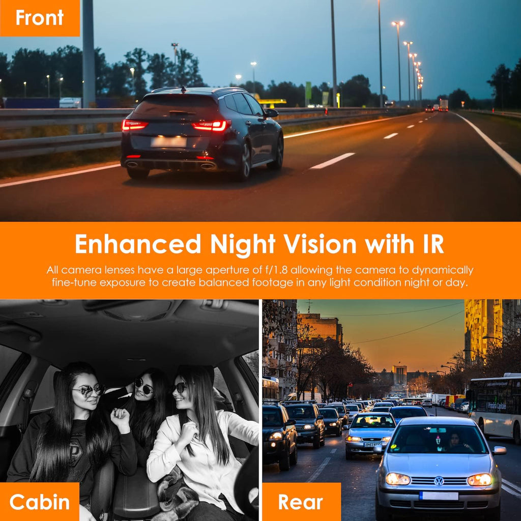 V PR A Das Ca 3-Channe Front/Cabin/Rea 1080 Recordin wit Mobil Ap Nigh Visio Camer w/Fron Collisio Warning Pedestria Alert Lan Departur Warning,Clea t G Alert
