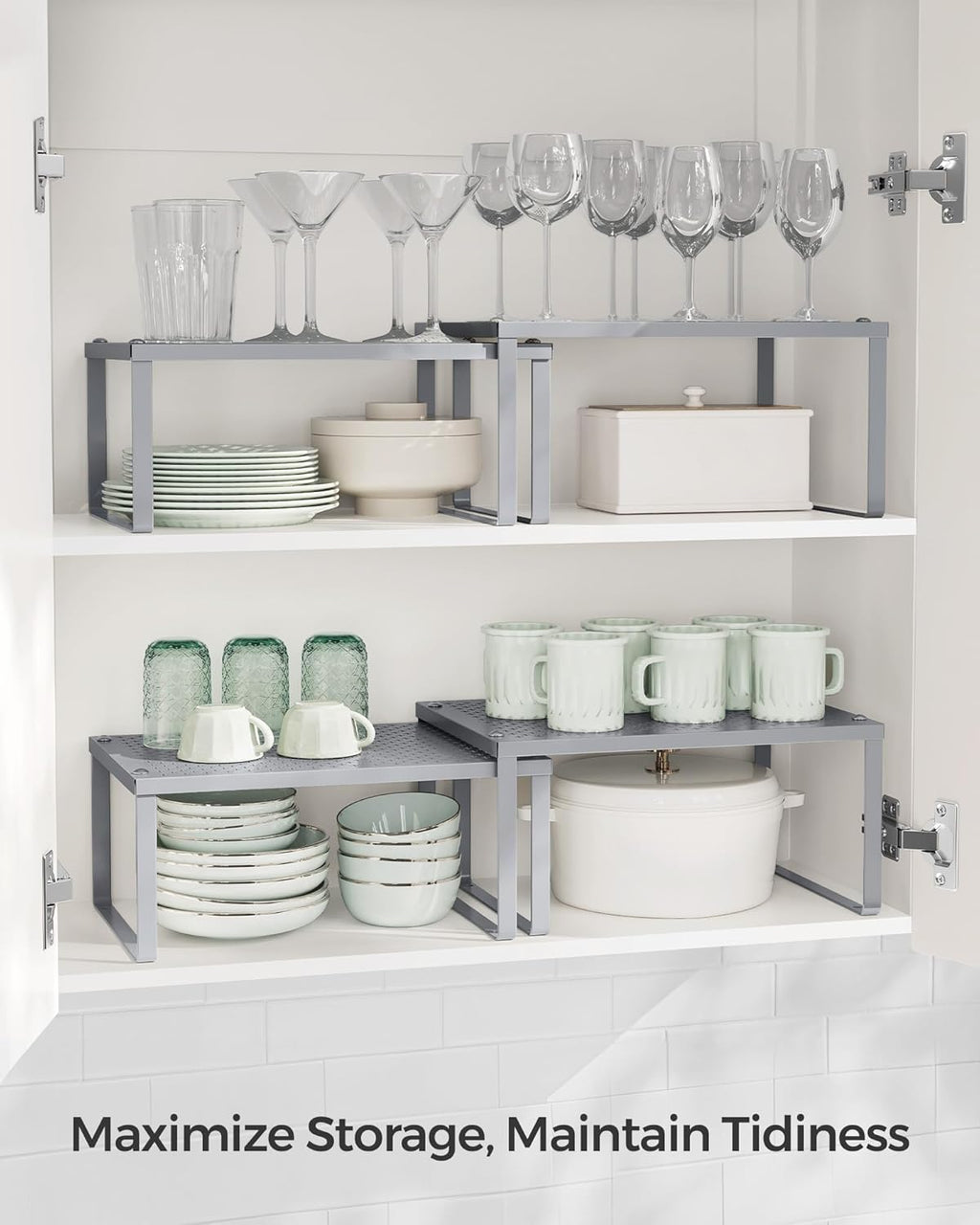 SONGMICS Spice Racks, Set of 4 Metal Cabinet Shelf Organizers, Countertop Organizers, Shelf Risers, Stackable, Expandable, Silver UKCS006S01