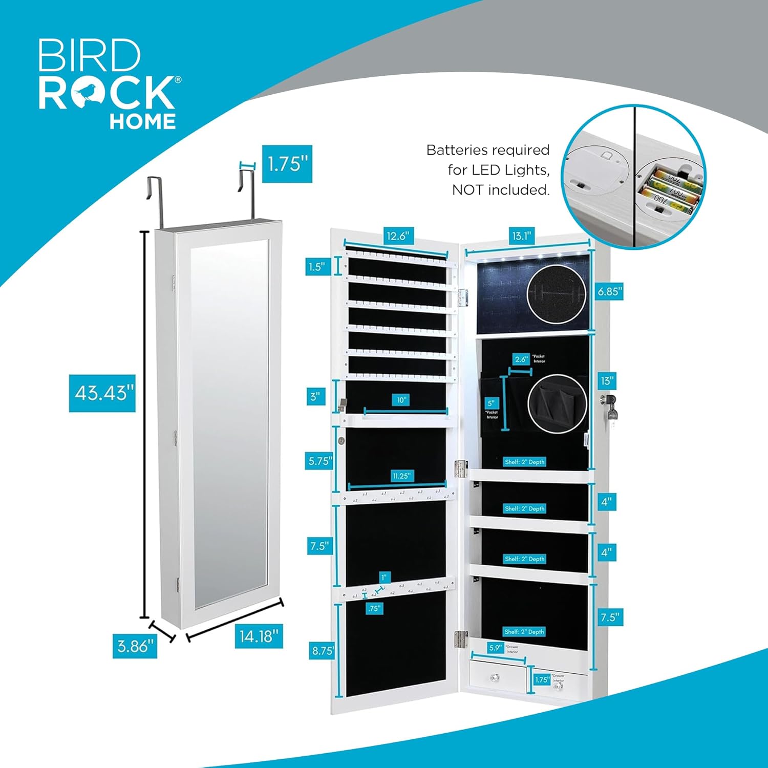 BIRDROC HOM Hangin Jewelr Organize Lockabl Storag Cabine wit Bod Mirro LE Lights Doo o Wal Mounte fo Close o Bedroo Dresser Adjustabl Heigh Larg Capacit White