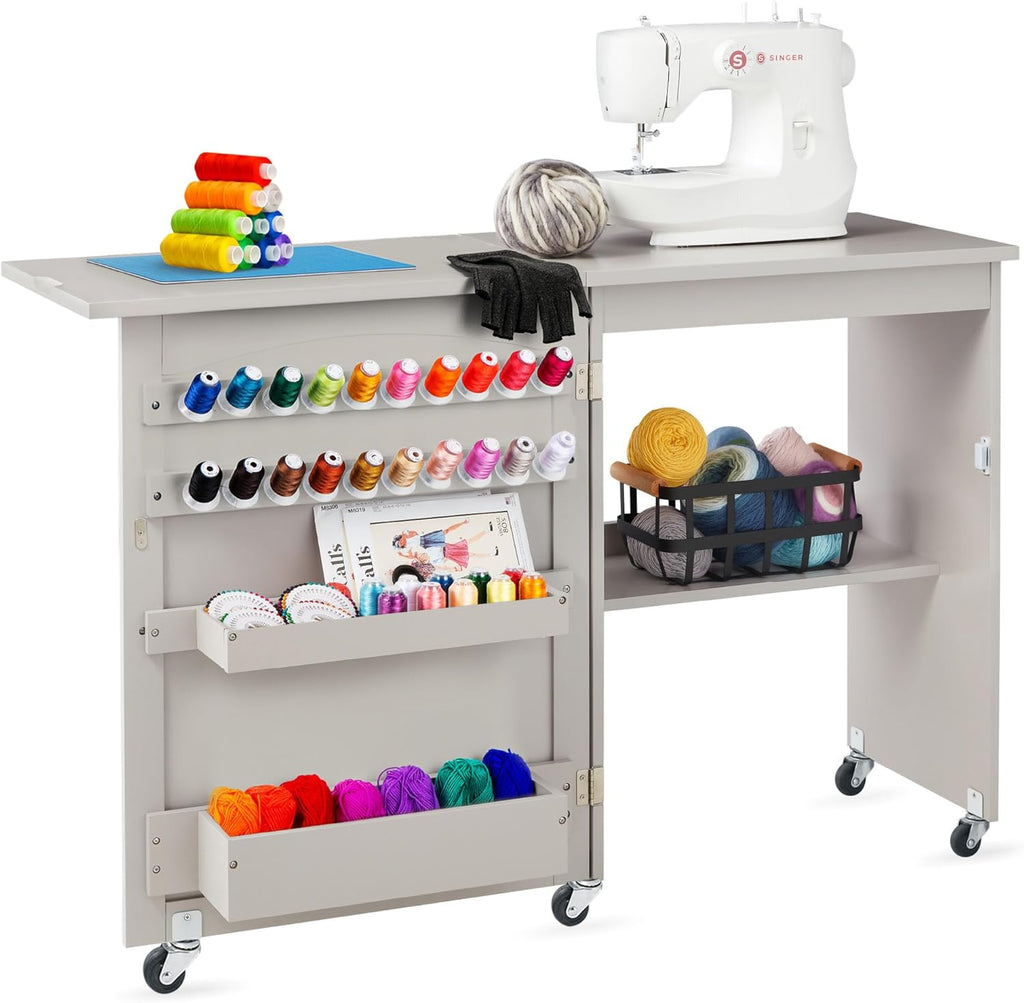 Best Choice Products Folding Sewing Table Multipurpose Craft Station & Side Desk with Compact Design, Wheels, Shelves, Storage Trays, Pegs, Magnetic Doors, Metal Doorknobs - Gray