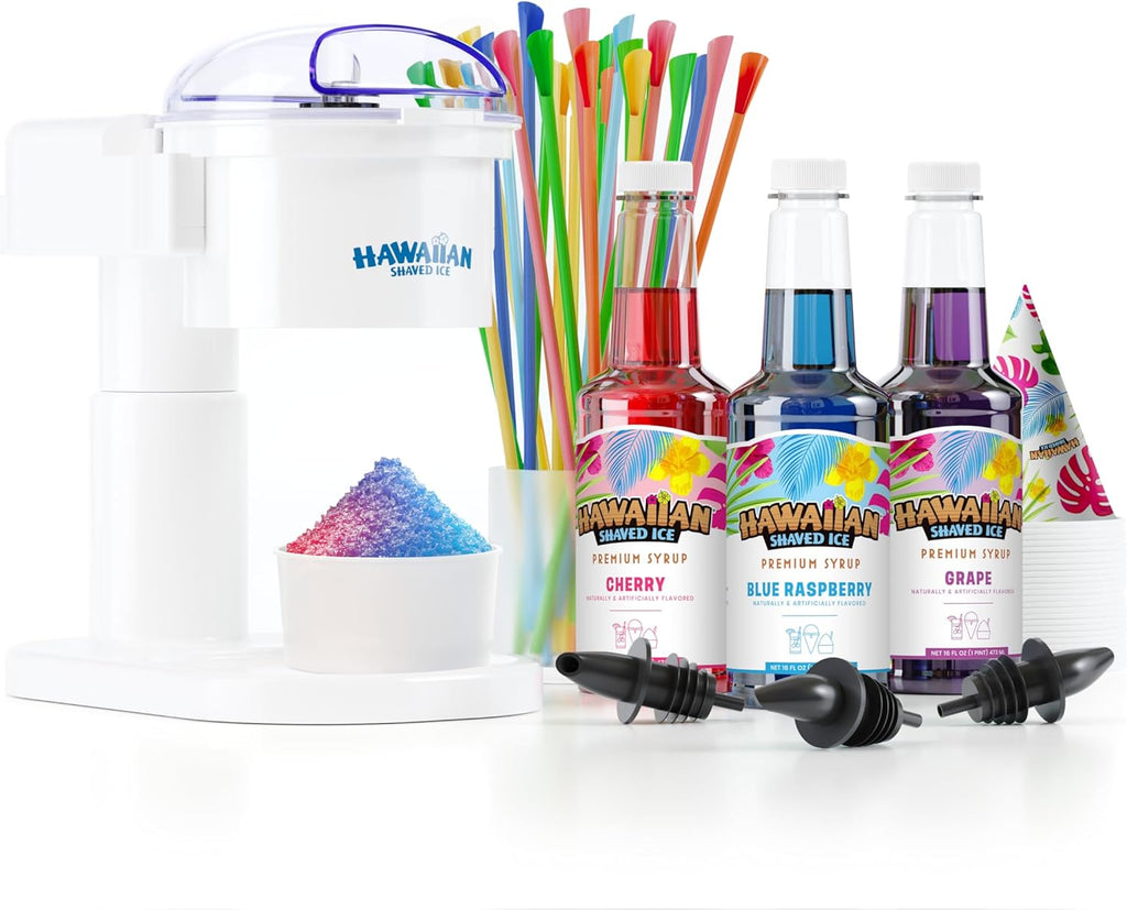 Hawaiia Shave Ic S70 Kid-Friendl Sno Con Machin Ki wit 3-16oz Syru Flavors Cherry Grape an Blu Raspberry Plu 2 Sno Con Cups 2 Spoo Straws an Blac Bottl Pourers