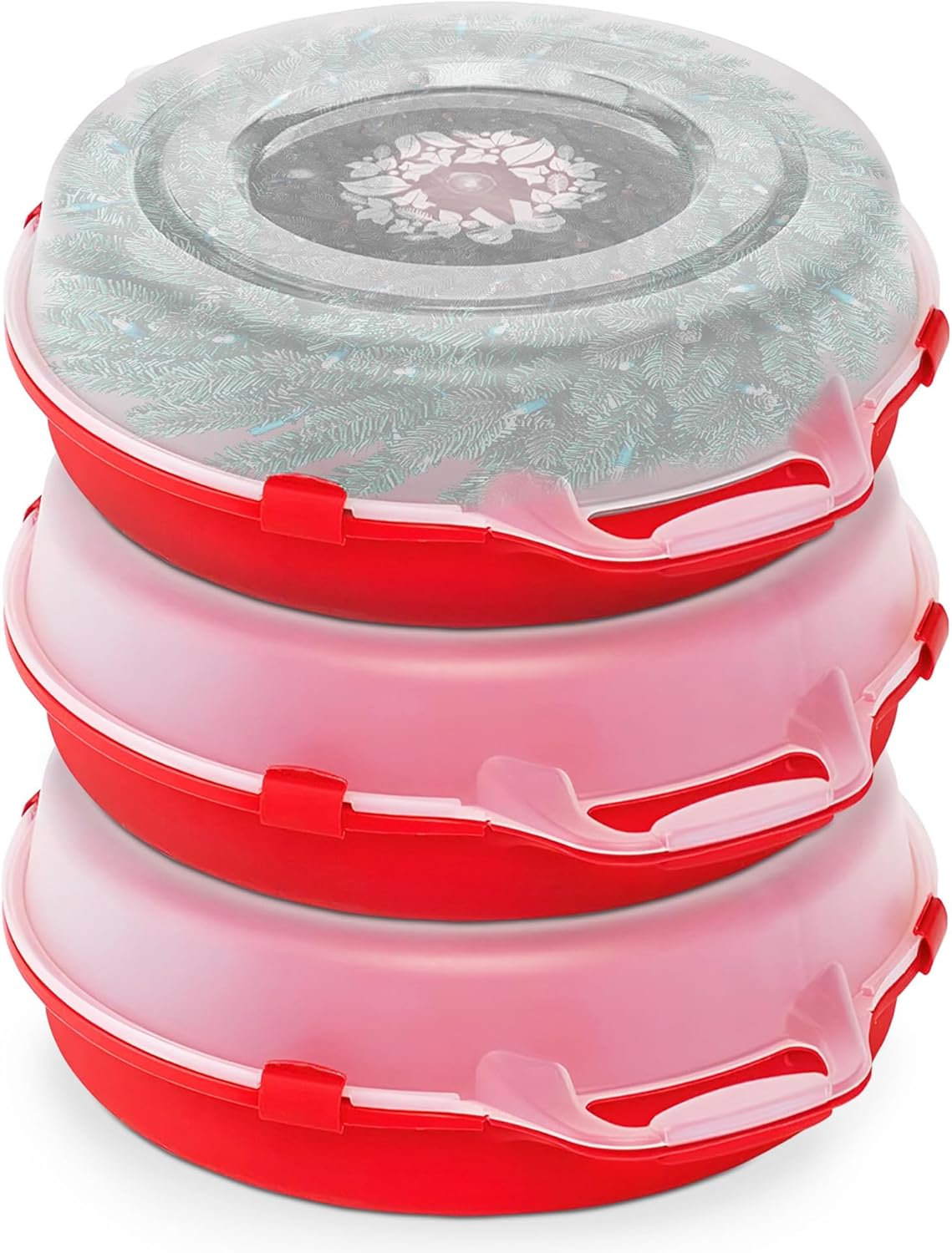 HOMZ 3-Pack Seasonal Holiday Decorative Wreath Storage Organizer, 24 Inch, Red Clear - Round Plastic Christmas Decoration Holder for Wreaths and Garlands w/ 4-Way Latches Built-In Handle