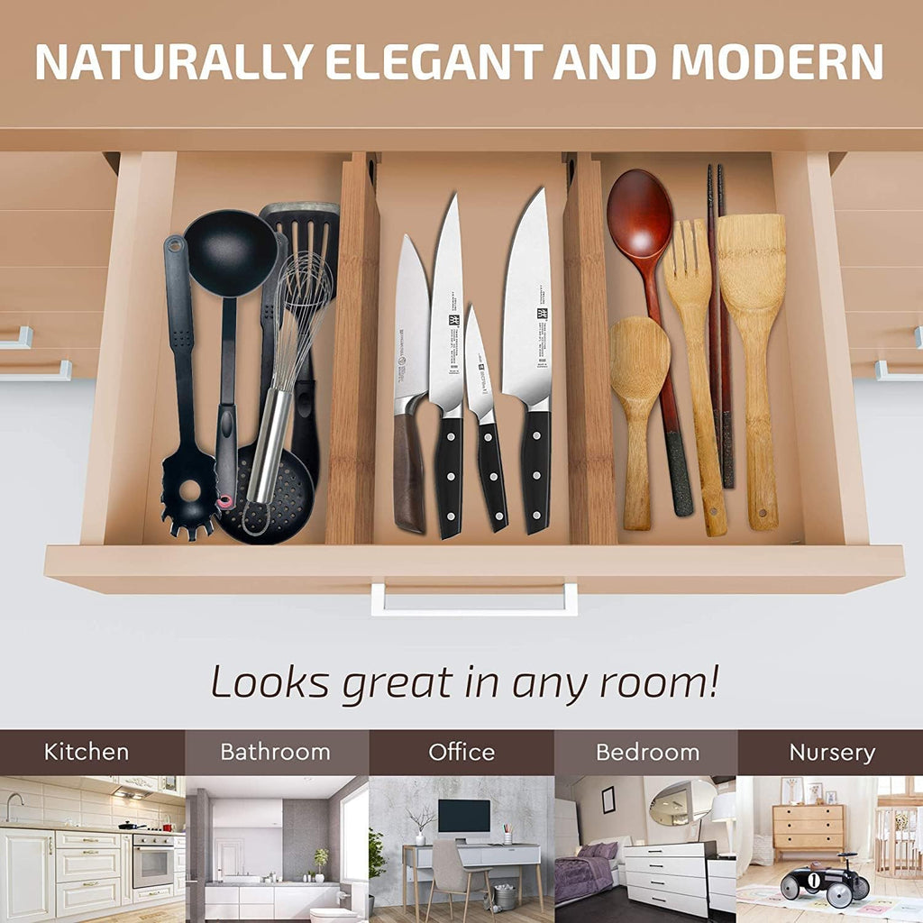 6 Pack Bamboo Drawer Dividers - 17inch to 21.5inch Expandable Adjustable Drawer Organizer for Kitchen Utensils, Large Kitchen Drawer Divider, Clothes, Dresser, Bedroom, Bathroom & Desk Drawer Separator Set