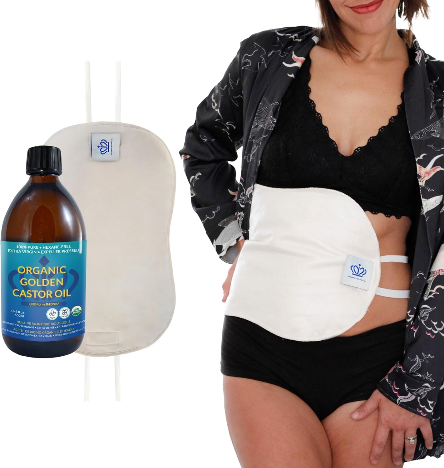 QUEE O TH THRONE Casto Oi Pac fo Live Ki Heatless Less-Mess Reusabl Organi Cotto Flannel Comfor Fit Sof Strap Naturopathi Docto Designe (16. o Casto Oi Included)