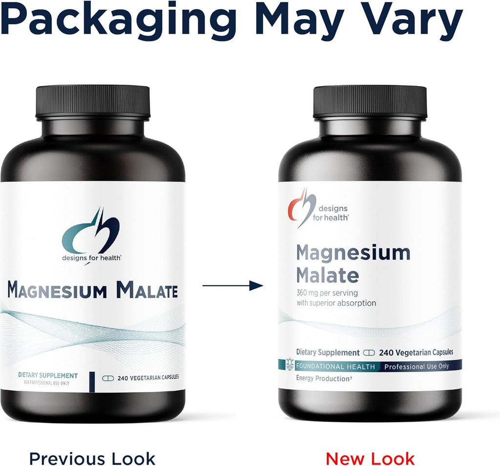 Designs for Health Magnesium Malate - Chelated Magnesium as Di Magnesium Malate - Highly Bioavailable Form to Support Energy, Bone Health + Muscle Recovery (240 Magnesium Malate Capsules)