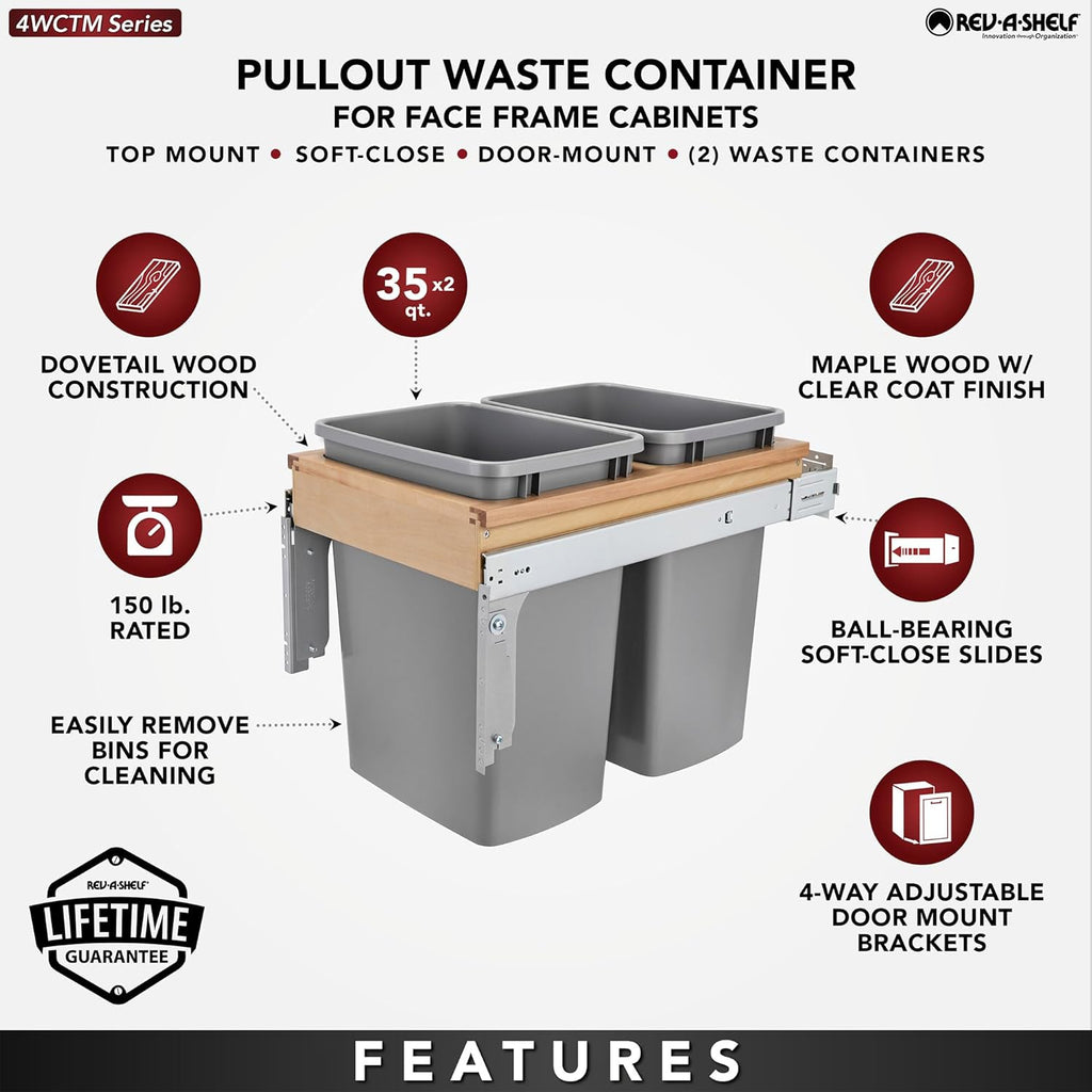 Rev-A-Shelf Top Mount Double Pullout Under Cabinet 35 Quart Kitchen Trash Cans w/ Soft-Close, 150 Pound Rated Full-Extension Slides, 4WCTM-18BBSCDM2