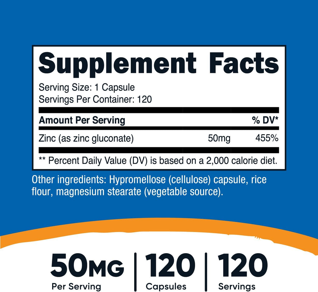 Nutricost Zinc Gluconate 120 Vegetarian Capsules (50mg) - Gluten Free and Non-GMO