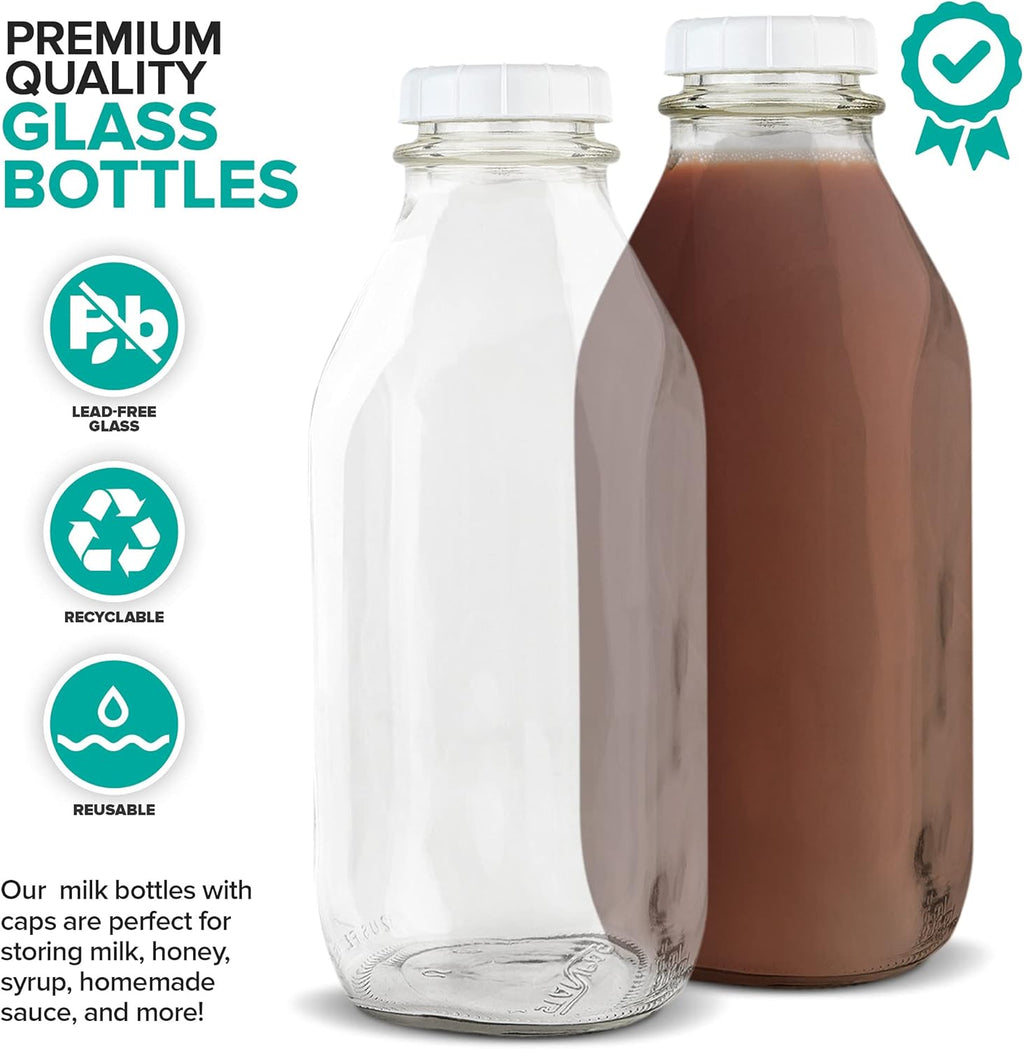 Stock Your Home Liter Glass Milk Bottle with Lid (4 Pack) 32 Oz Jugs and 8 White Caps, Reusable Food Grade Container for Refrigerator, Juice, Oat or Plant Milks, Water, Honey