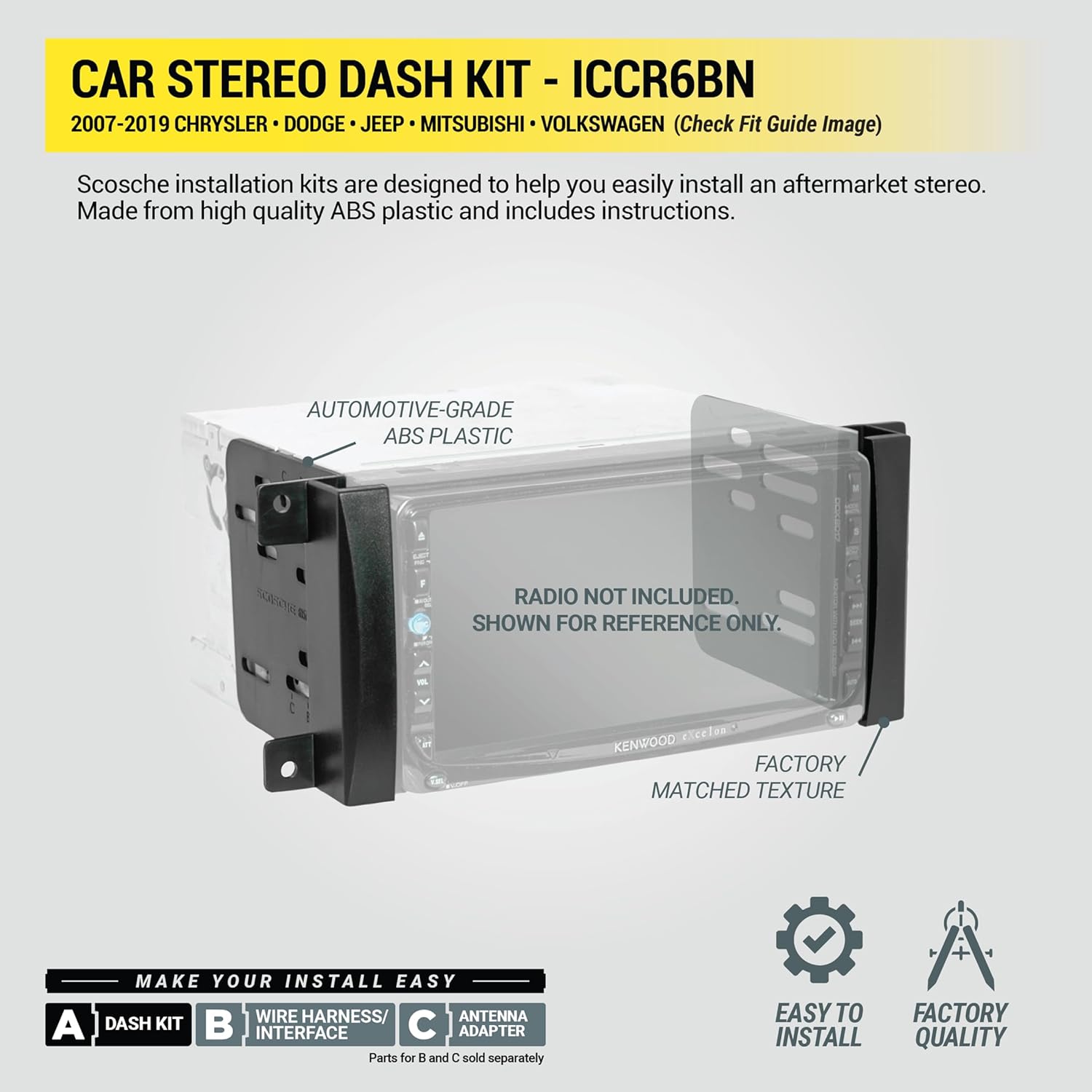 ICCR6BN Double DIN Radio Installation Dash Kit Compatible with Select 2007-2019 Chrysler, Dodge, Jeep and RAM Vehicles - Complete Aftermarket Car Stereo Install Kit - See Fit Guide In Images
