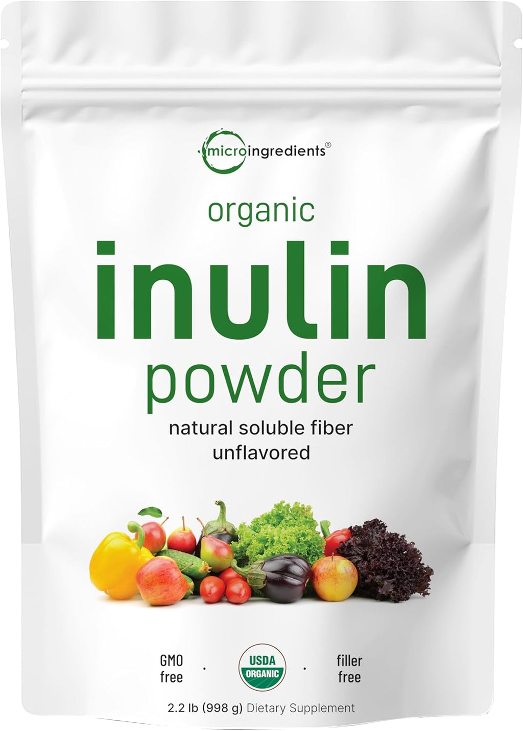 Micro Ingredients Organic Inulin FOS Fiber Powder, 2.2 lbs | Quick Water-Soluble Prebiotic | Natural Fiber for Smoothies Drinks | Vegan Friendly, Dissolves Clear