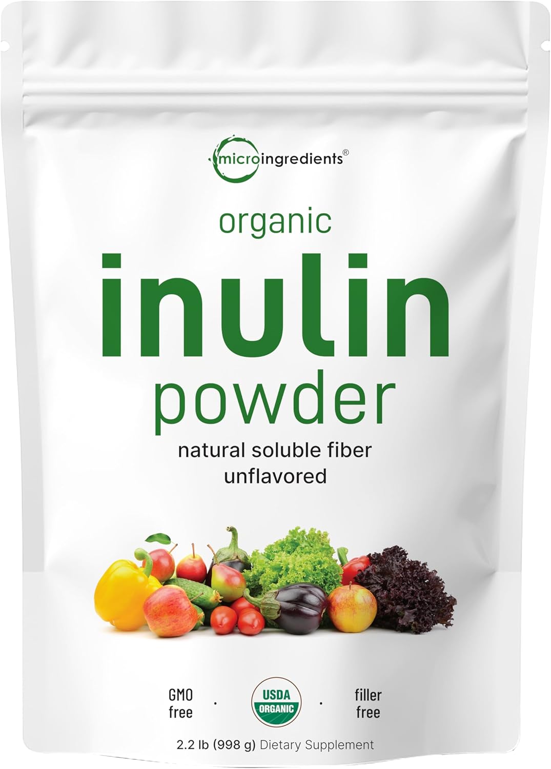 Micro Ingredients Organic Inulin FOS Fiber Powder, 2.2 lbs | Quick Water-Soluble Prebiotic | Natural Fiber for Smoothies Drinks | Vegan Friendly, Dissolves Clear