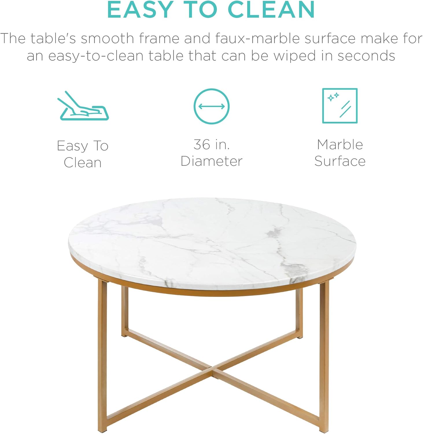 Bes Choic Product 36i Fau Marbl Accen Table Moder En Table Larg Coffe Tabl Hom Deco fo Livin Room Dinin Room Tea Coffe w/Meta Frame Foo Caps Designe White/Gold