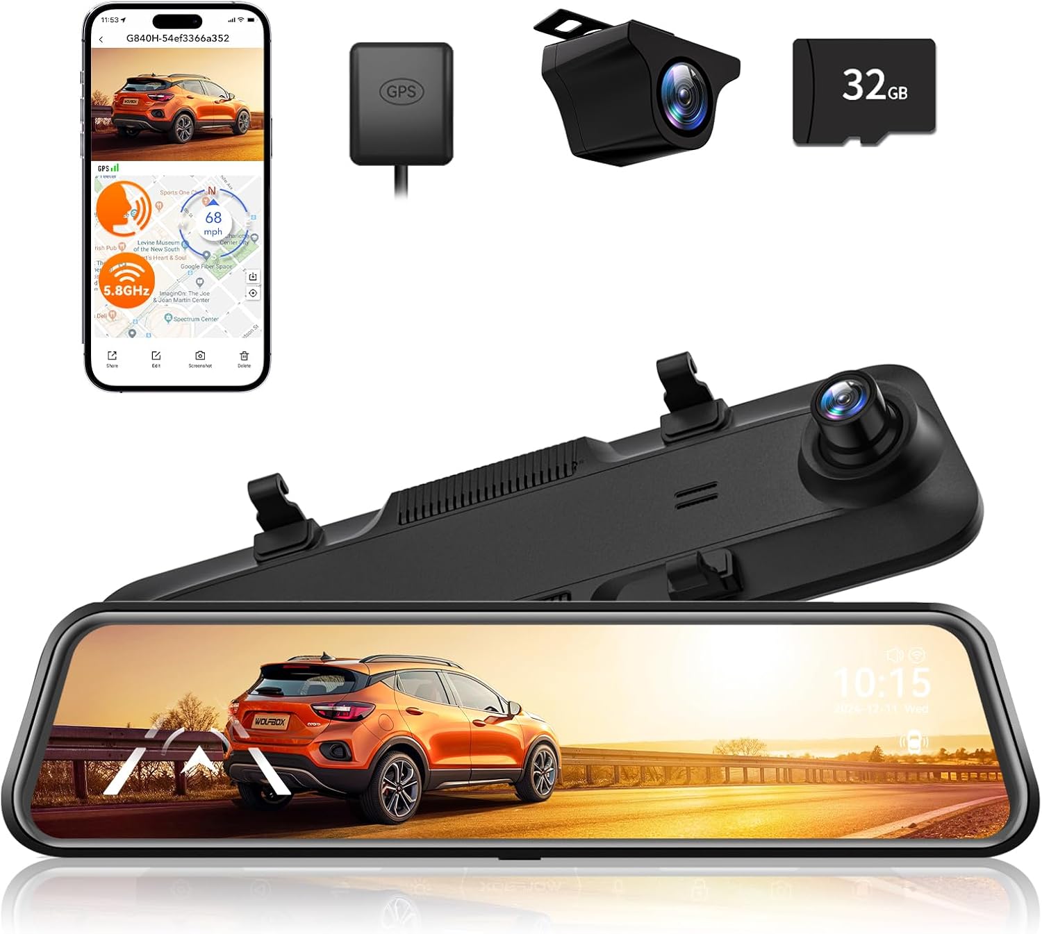 WOLFBO G840 12' Mirro Das Ca wit ADA an BSD 2.5 Rea Vie Mirro Camer Fron an Rear 5.8GH WiFi Voic Control Parkin Monitor Include 32G Car GPS Loo Recording