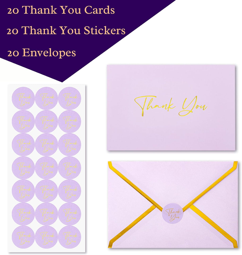 Mr. Pen- Blank Thank You Cards with Envelopes, 20 Pack, 4x6, Gold Thank You Notes with Envelopes, Violet Wedding Thank You Cards Wedding, Thank You Note Cards, Baby Shower Thank You Cards