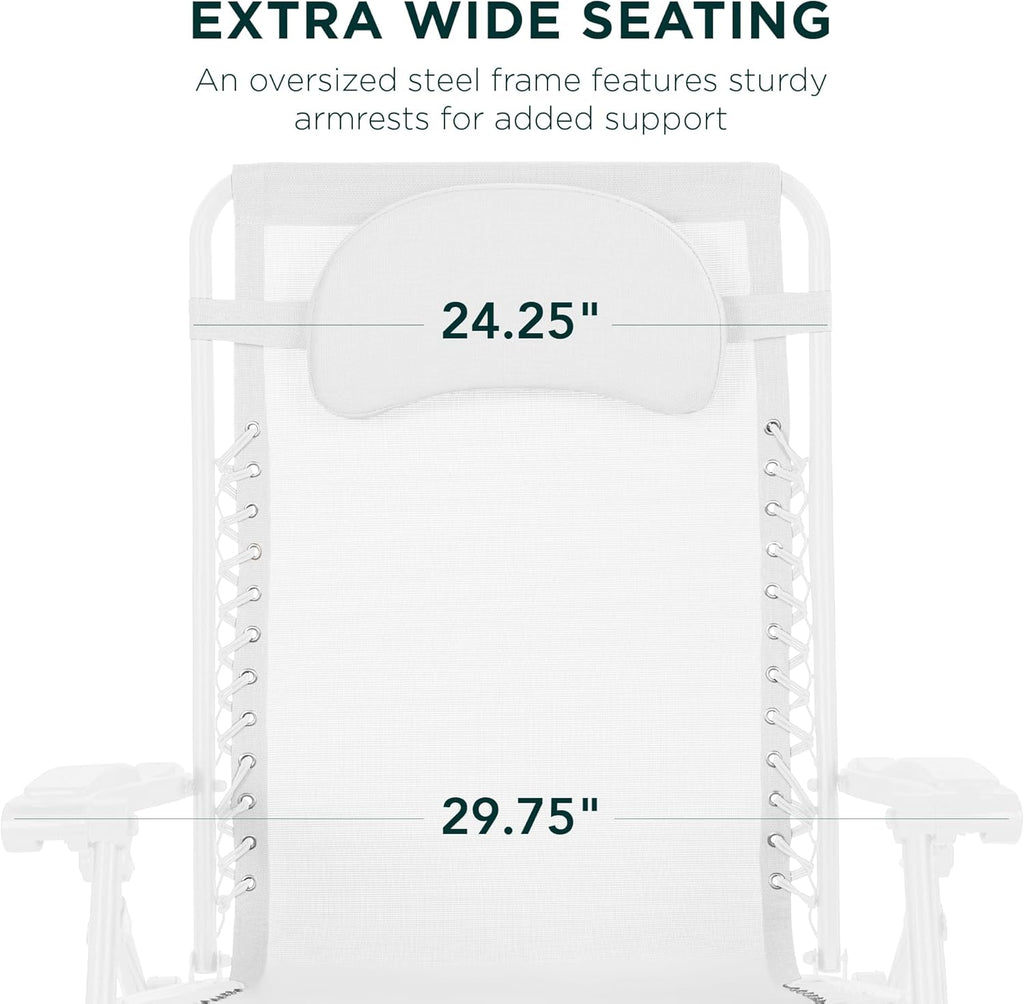 Best Choice Products Oversized Zero Gravity Chair, Folding Outdoor Patio Lounge Recliner w/Cup Holder Accessory Tray, Pillow - Snow