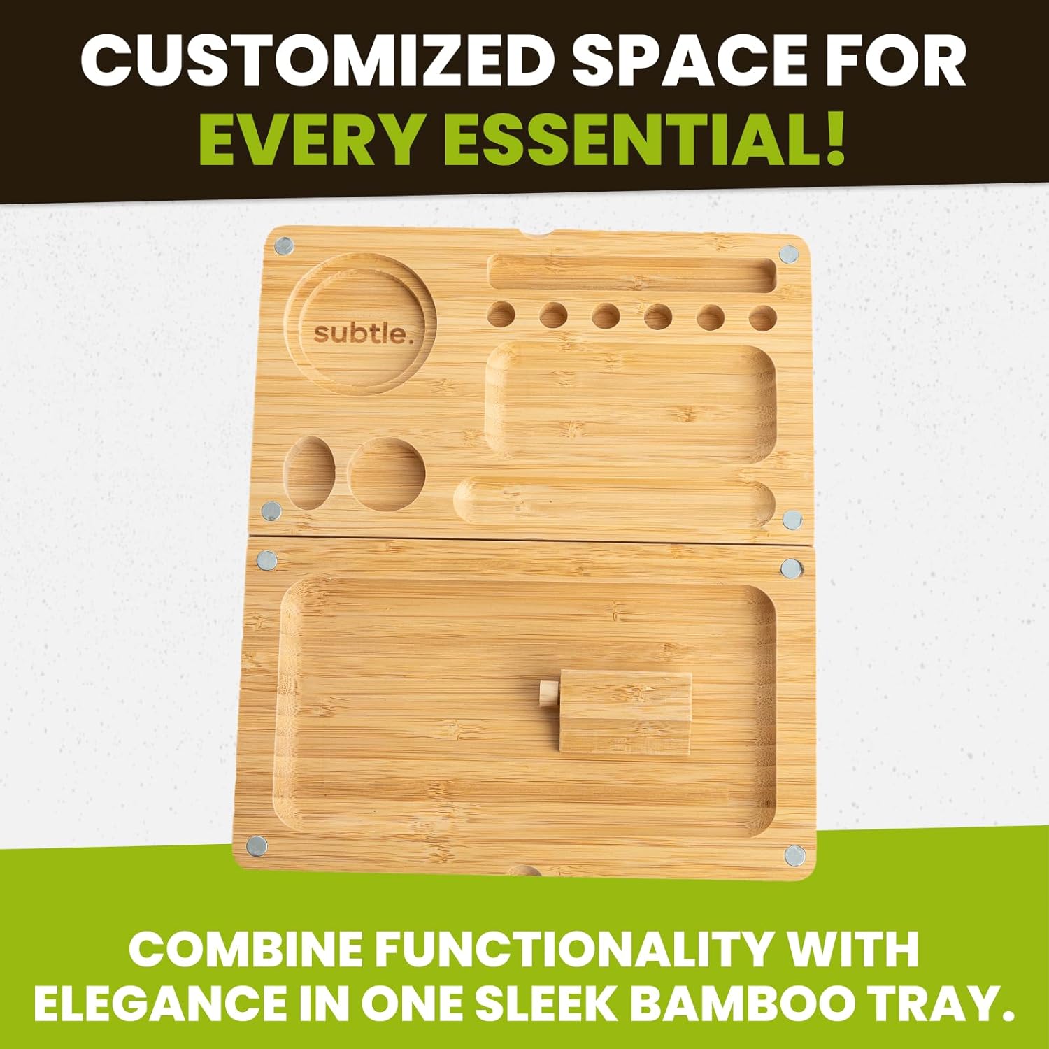 Foldable Bamboo Tray with Magnetic Lid - Durable, Easy to Clean - Portable, Perfect for Home Storage or Travel, Decorative-Tray - Gifts for Him - 8.5inch x 5inch