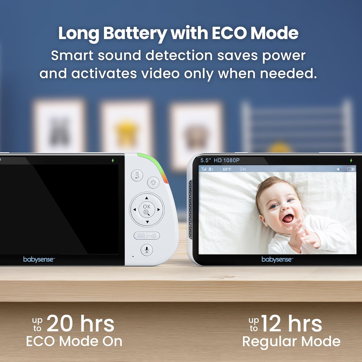 Babysense Full HD 5.5inch Split Screen Baby Monitor with 2 Cameras, 6-Color Night Light, White Noise, Sound Light Machine, 20-Hour Battery, Hack-Proof Non-WiFi Secure Connection