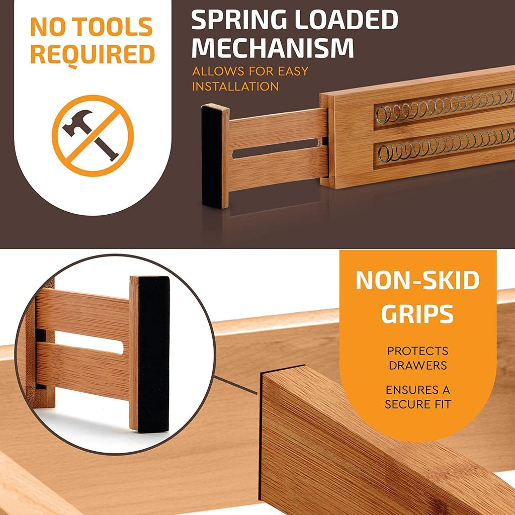 6 Pack Bamboo Drawer Dividers - 17inch to 21.5inch Expandable Adjustable Drawer Organizer for Kitchen Utensils, Large Kitchen Drawer Divider, Clothes, Dresser, Bedroom, Bathroom & Desk Drawer Separator Set