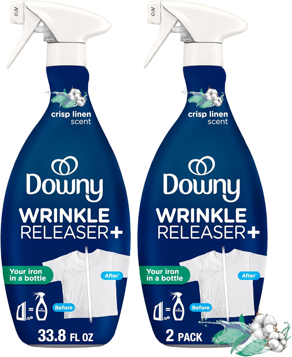 Downy Wrinkle Releaser Spray | All In One Wrinkle Release Spray, Odor Eliminator, Static Remover | Fabric Refresher Ironing Aid for Clothes | 16.9 Fl Oz (Pack of 2) 3 FL Oz, Crisp Linen Scent