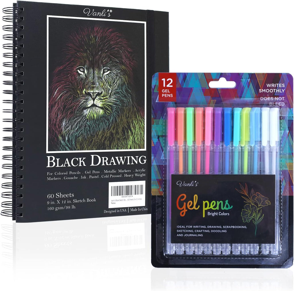 Vanli' Hardcove Blac Pape Sketchboo 1 Pac Bal Poin Ge Pen Se  Whit 1 Colorfu Pen fo Drawing Sketching Journaling 9inc 12inc Spira Bound Aci Fre Blac Ar Paper