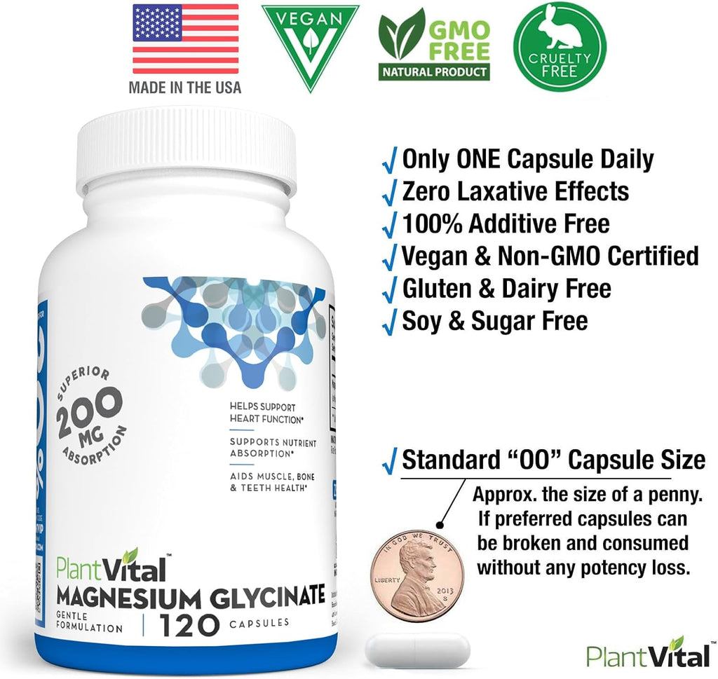 PlantVita Magnesiu Glycinat 200m 12 Capsule Hig Absorption Non-GMO Vegan Gluten-Fre Support Norma Sleep Muscl Nerv Function Norma Hear Bon Health Hel Feelin Cal Relax