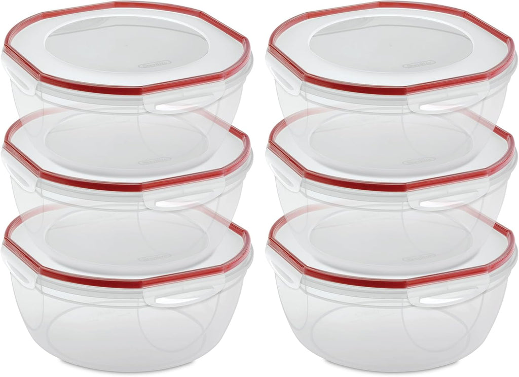 Sterilite Ultra-Seal 8.1 Qt Bowl, Large Airtight Food Storage Container, Latching Lid, Microwave and Dishwasher Safe, Clear With Red Gasket, 6-Pack