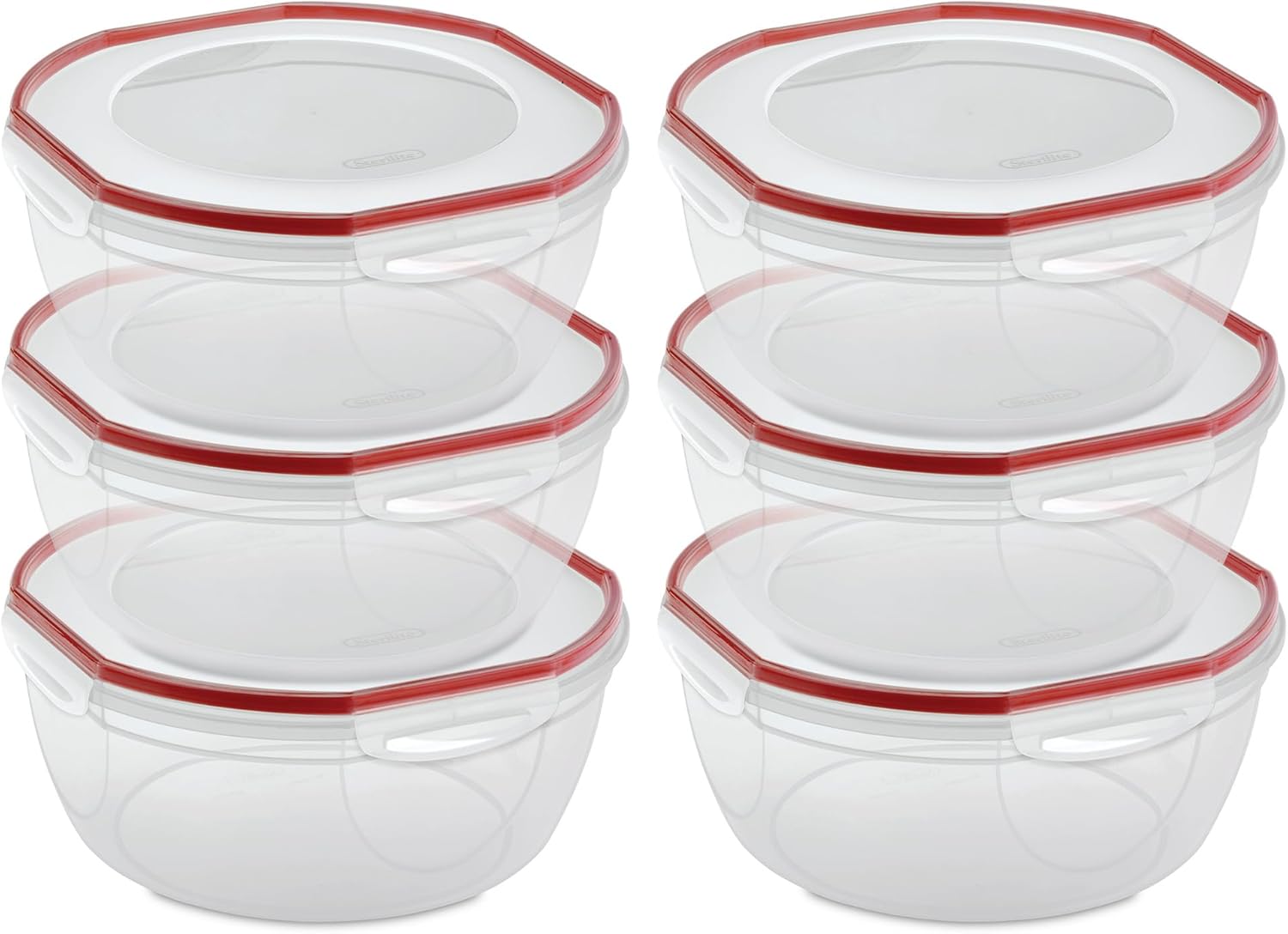 Sterilite Ultra-Seal 8.1 Qt Bowl, Large Airtight Food Storage Container, Latching Lid, Microwave and Dishwasher Safe, Clear With Red Gasket, 6-Pack