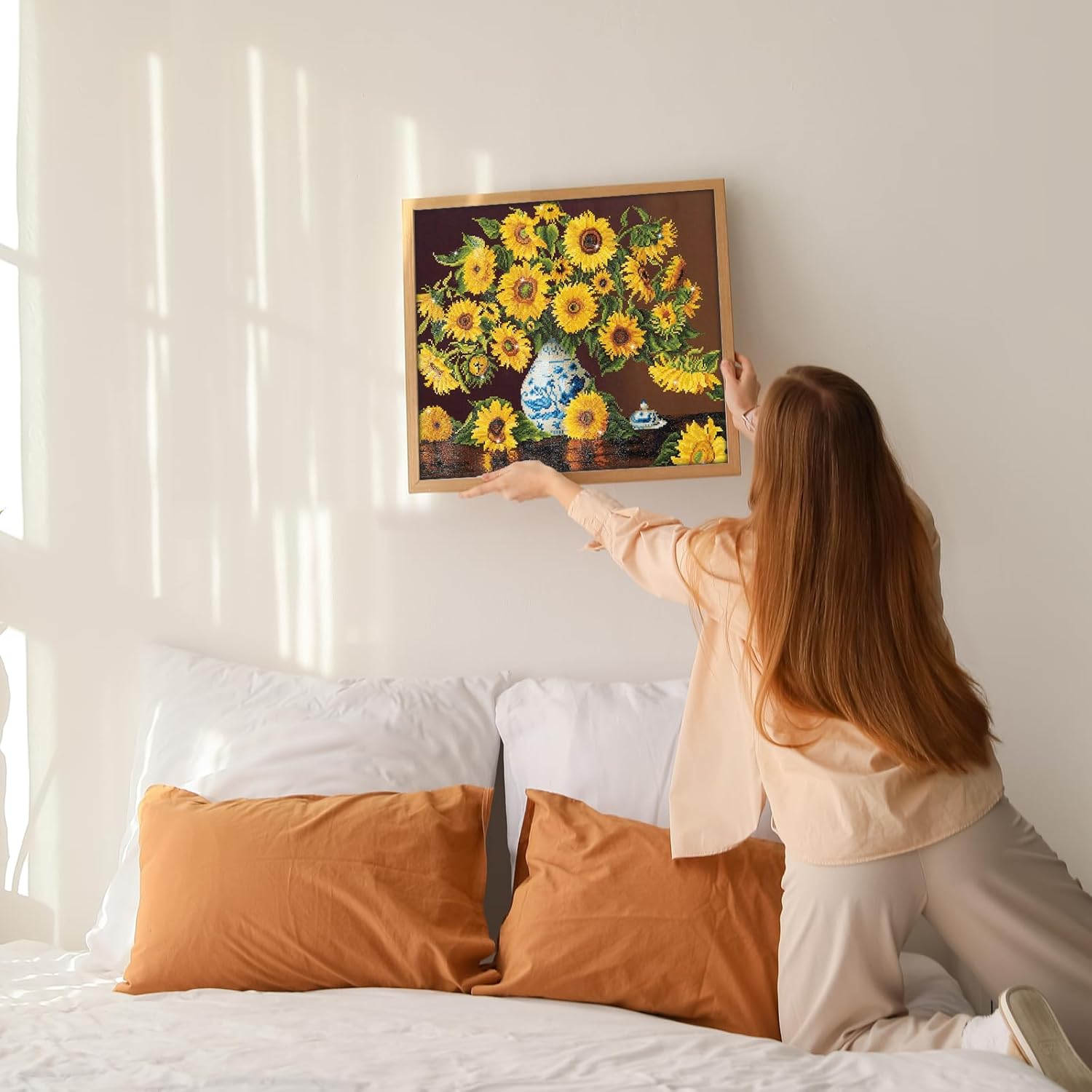 DIAMON DOT Sunflower i Chin Vas Flora Diamon Paintin Kit fo Adult Diamon Ar Kit Relaxin Creativ Craf Ki wit Dot Gem 22inchx28inch