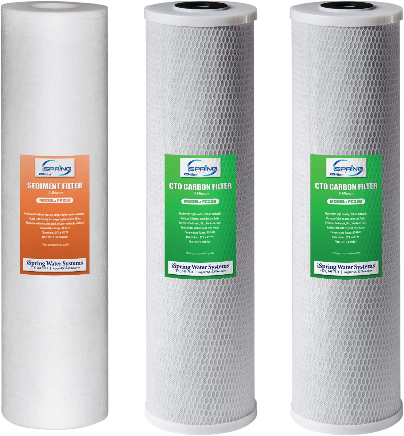 iSpring F3WGB32B 4.5¡± x 20¡± 3-Stage Whole House Water Filter Replacement Pack Set with Sediment and Carbon Block Cartridges Reduces up to 99% Chlorine, White