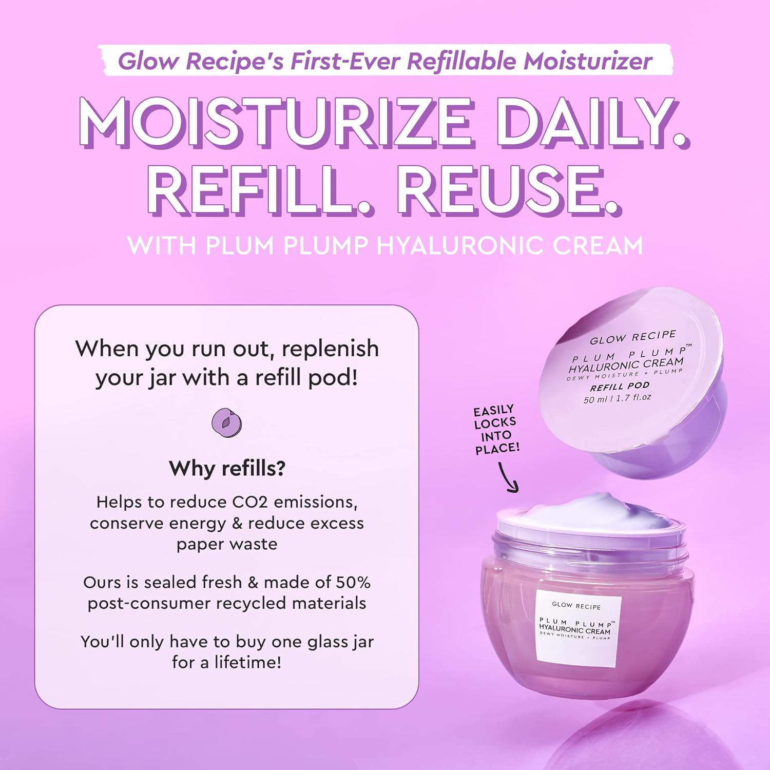 Glow Recipe Plum Plump Hyaluronic Acid Face Cream, Refill - Hydrating, Firming Plumping Facial Moisturizer for Women Men - Korean Skin Care with Polyglutamic Peptides for Dry Skin Wrinkles (50ml)